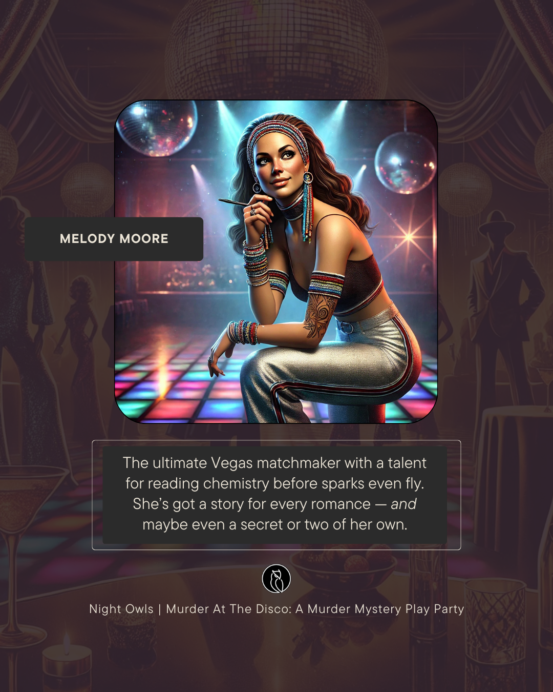 The image features a woman with long wavy hair, wearing a colorful headband, jewelry, and a sparkly outfit, sitting in a disco setting with colorful lights and a mirrored disco ball overhead.