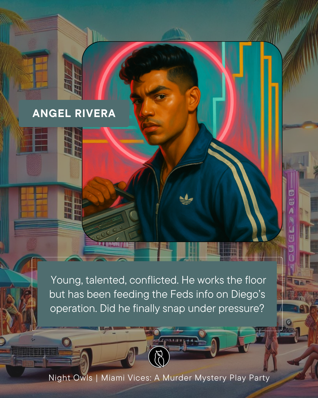 A digital illustration of a young man with dark hair, wearing a blue Adidas jacket, holding a boombox, with neon pink and blue lights behind him, set against a colorful Miami street scene with palm trees and vintage cars.