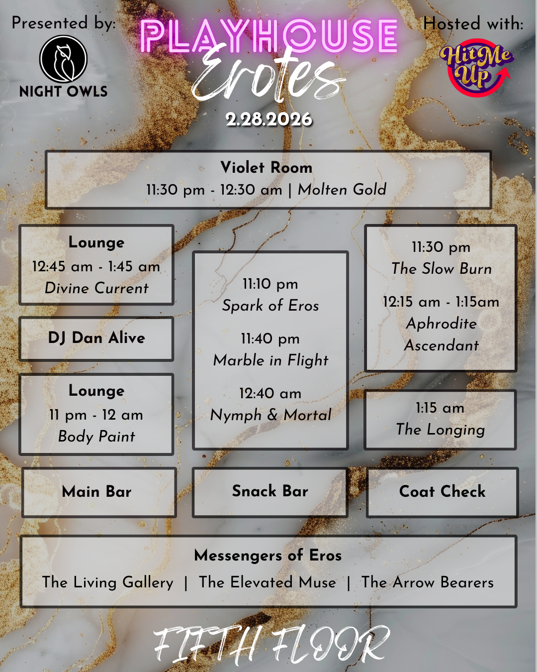 Event schedule for Playhouse Eros on February 28, 2026. Shows and activities listed with times and locations including Violet Room, Lounge, Main Bar, Snack Bar, Coat Check, and Messengers of Eros, with bands and DJ performances.