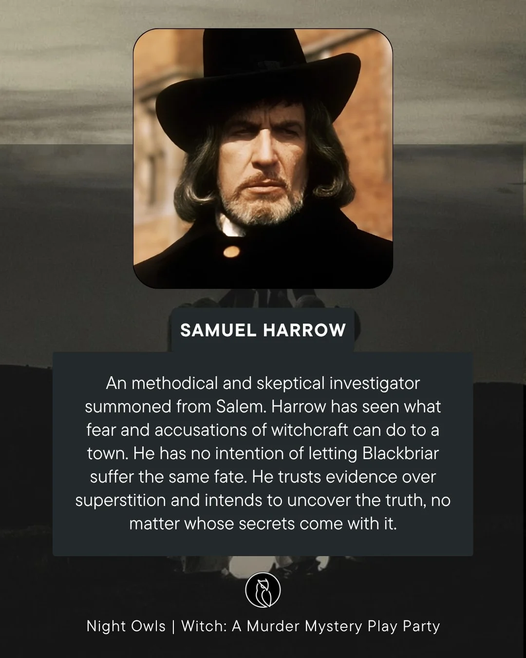 A promotional image for a murder mystery play party titled 'Witch: A Murder Mystery Play Party' featuring Samuel Harrow, a skeptical investigator in historical costume with a black hat and coat, set against a dark cityscape background.