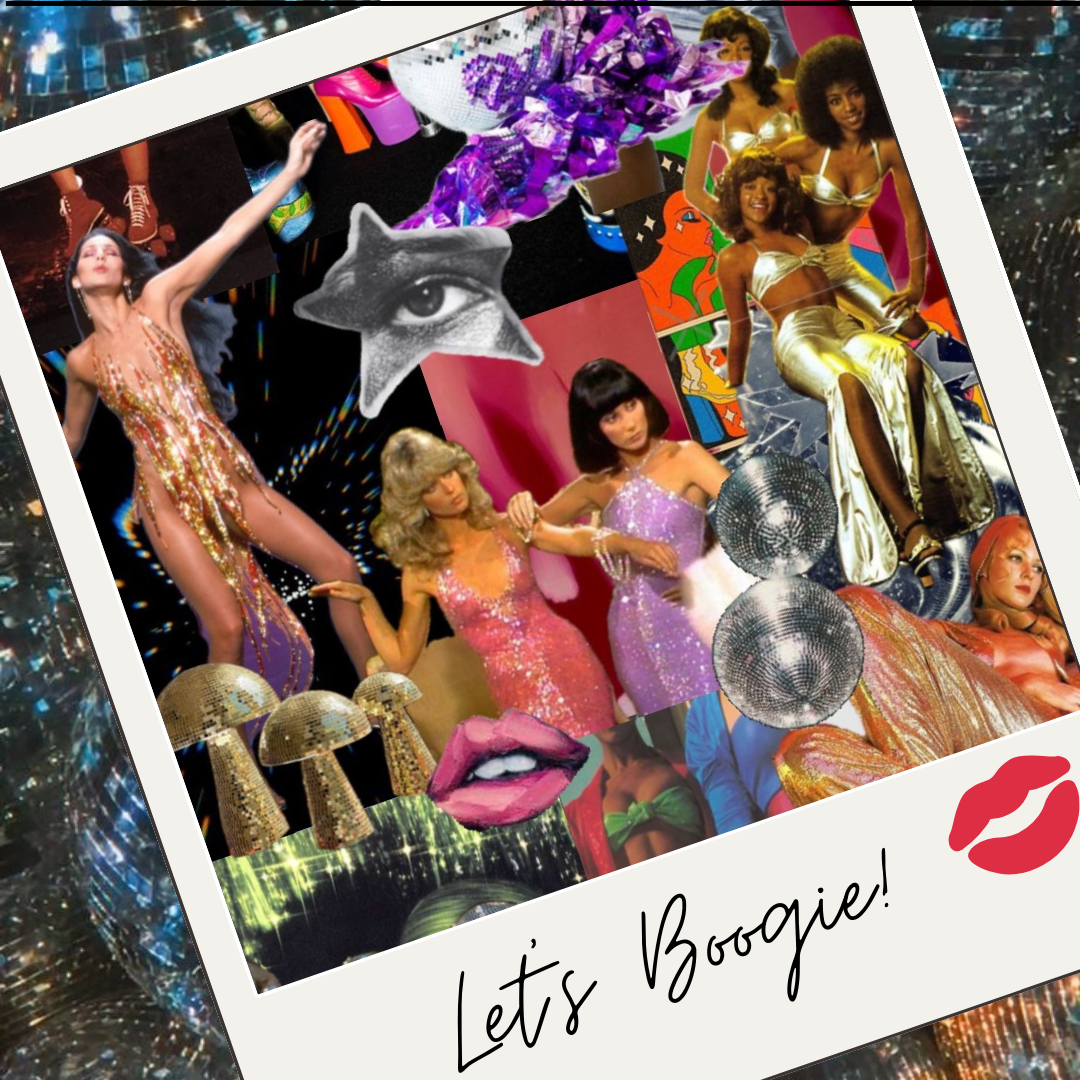 A collage of vintage disco scene featuring women in shiny dresses, disco balls, mushrooms, a star with an eye, lips, and colorful patterns with the caption "Let's Boogie!" and a lips icon.