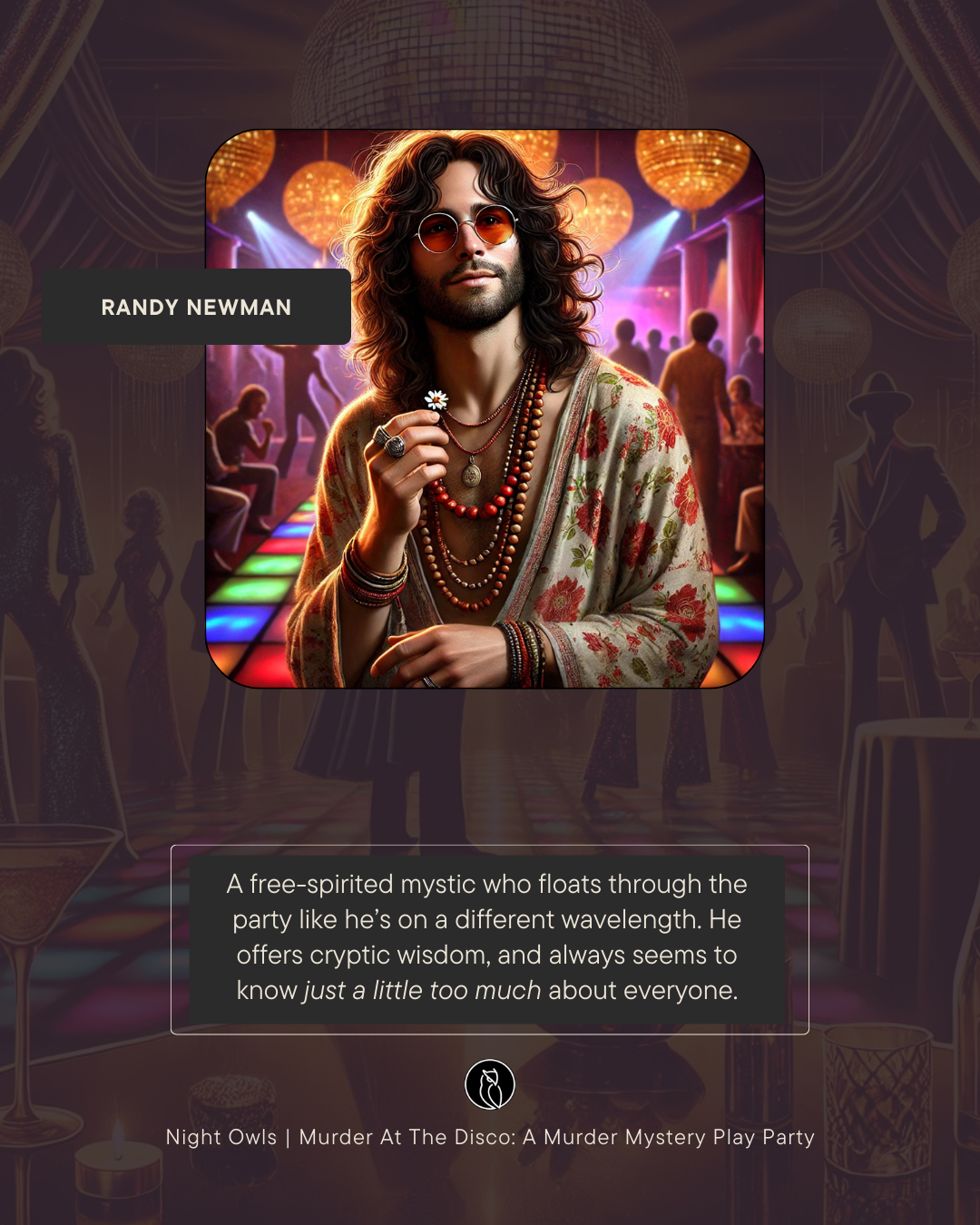 A man with long, curly hair and a beard, wearing round sunglasses and layered necklaces, dressed in a floral robe, stands in a colorful dance floor with people in the background at a disco-themed party.