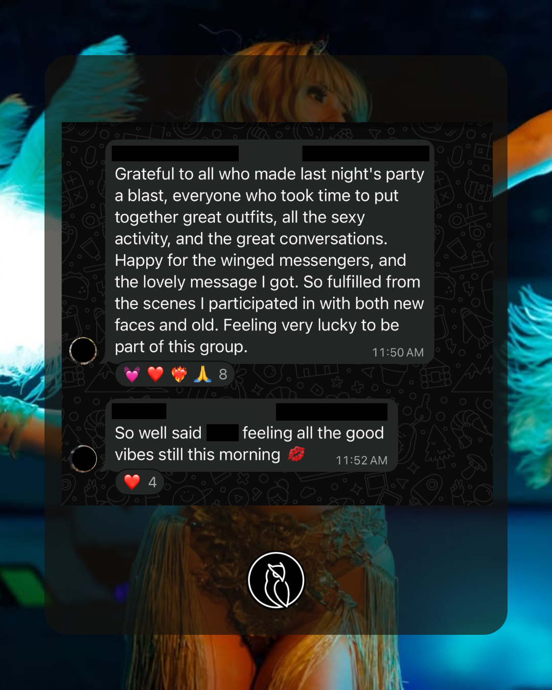 WhatsApp chat screenshot with a message praising friends for a fun night of partying and enjoying good vibes, featuring emoji reactions.