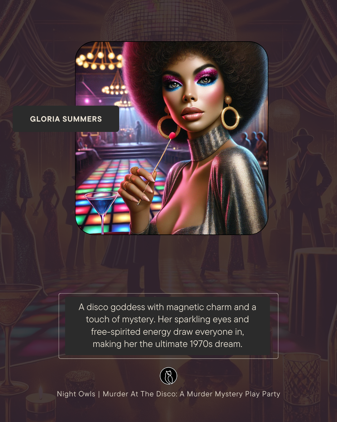 Disco goddess with big hair, metallic dress, bold makeup, large earrings, and a cocktail in a colorful disco setting.