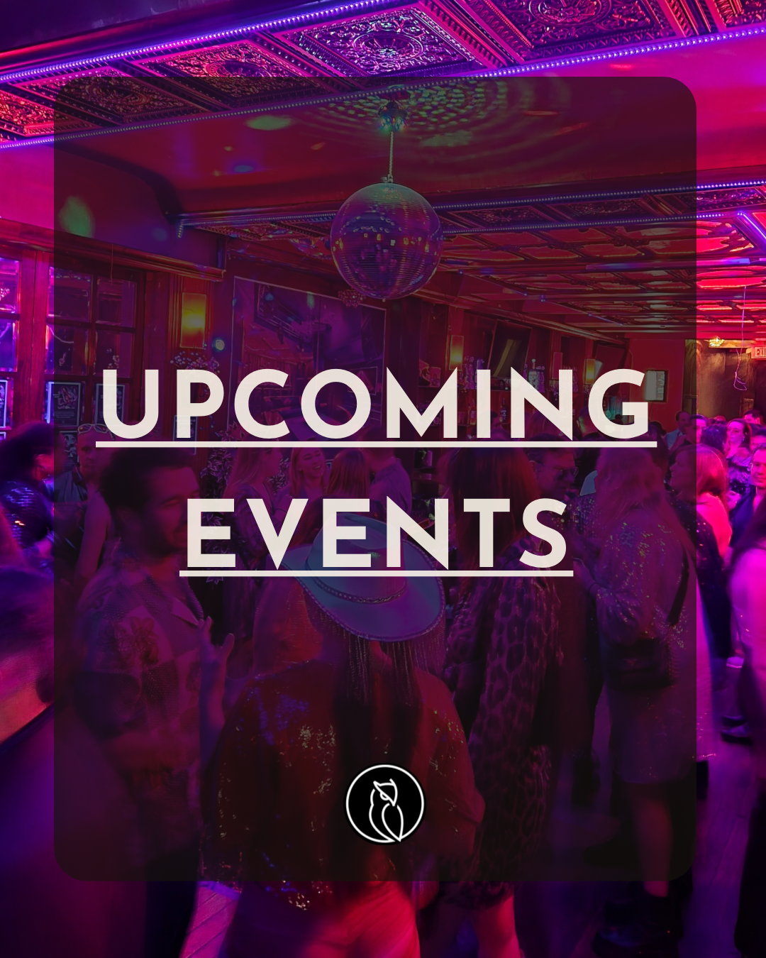 People dancing in a vibrant, neon-lit nightclub with a disco ball hanging from the ceiling, promotional text overlay for upcoming events.