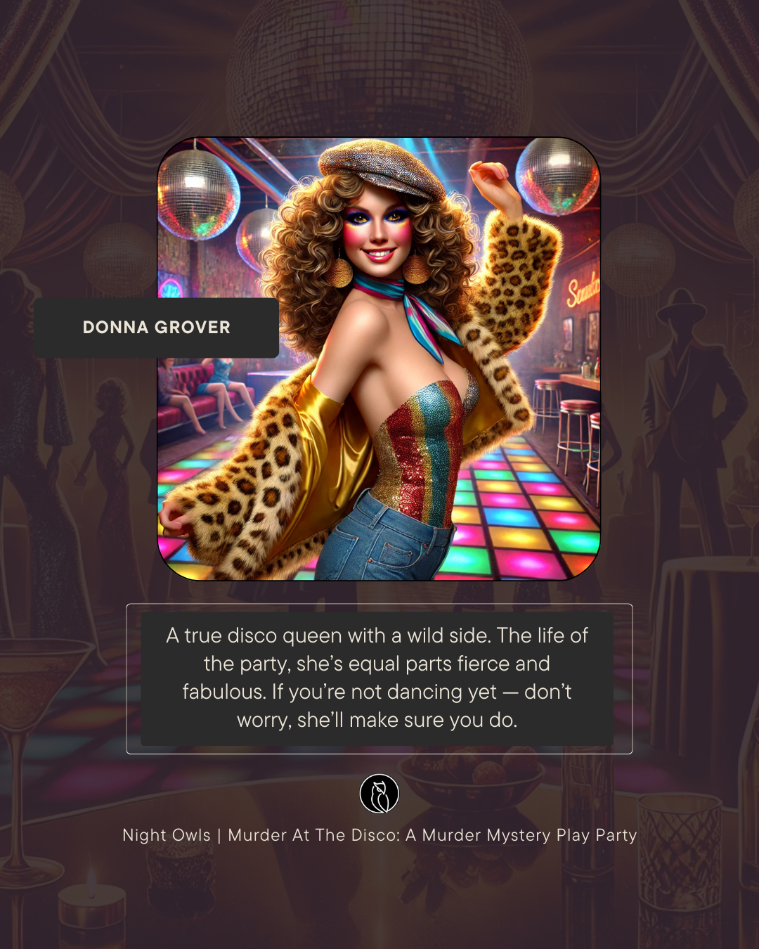 A woman with curly hair dressed in a colorful, strapless sequin top, a gold jacket with leopard print fur trim, and a beret, posing in a disco club with colorful lighting and disco balls.