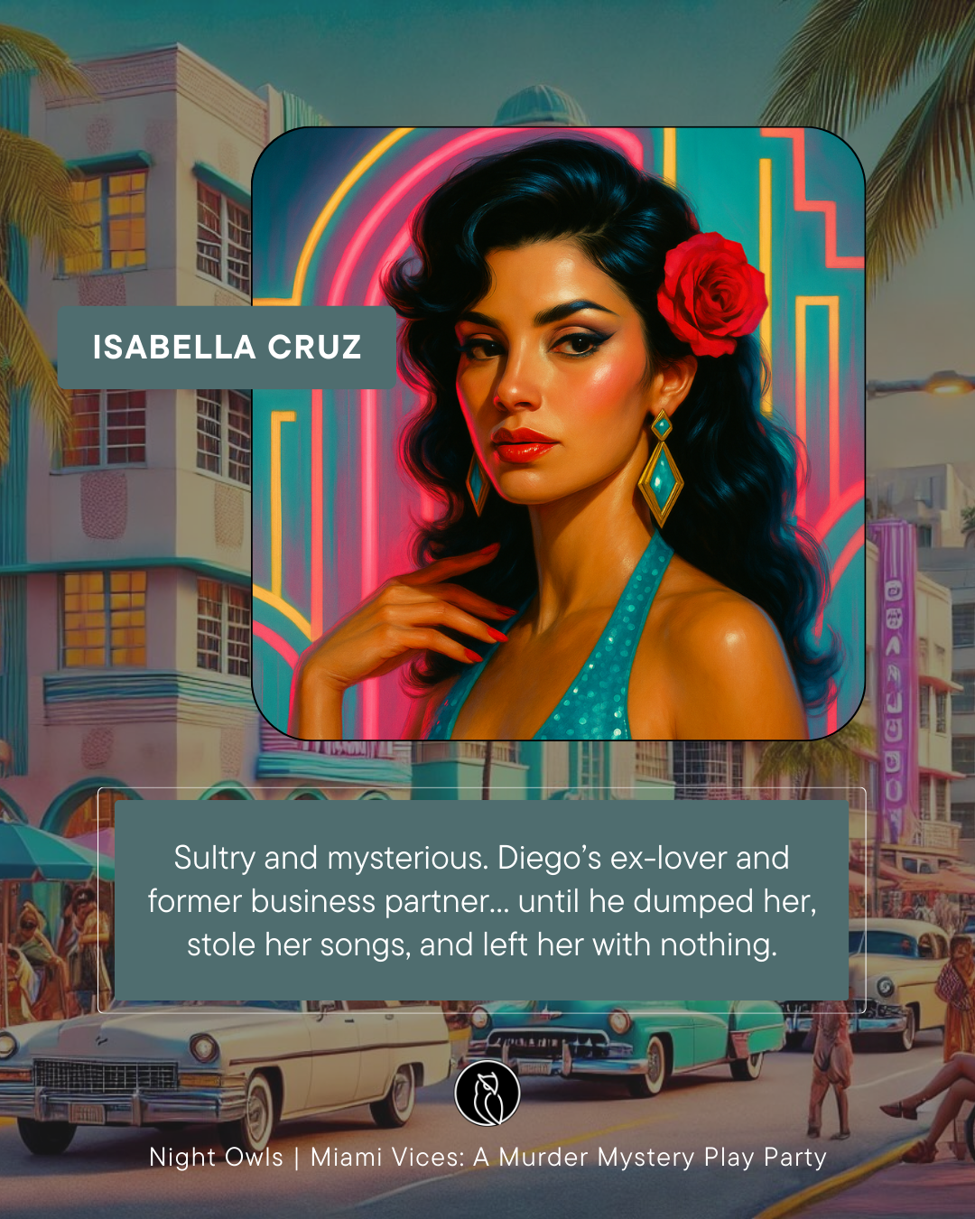 Colorful vintage Miami street scene with neon signs, classic cars, and palm trees, featuring a book cover with a portrait of a woman with dark hair, a red rose in her hair, and bright makeup.