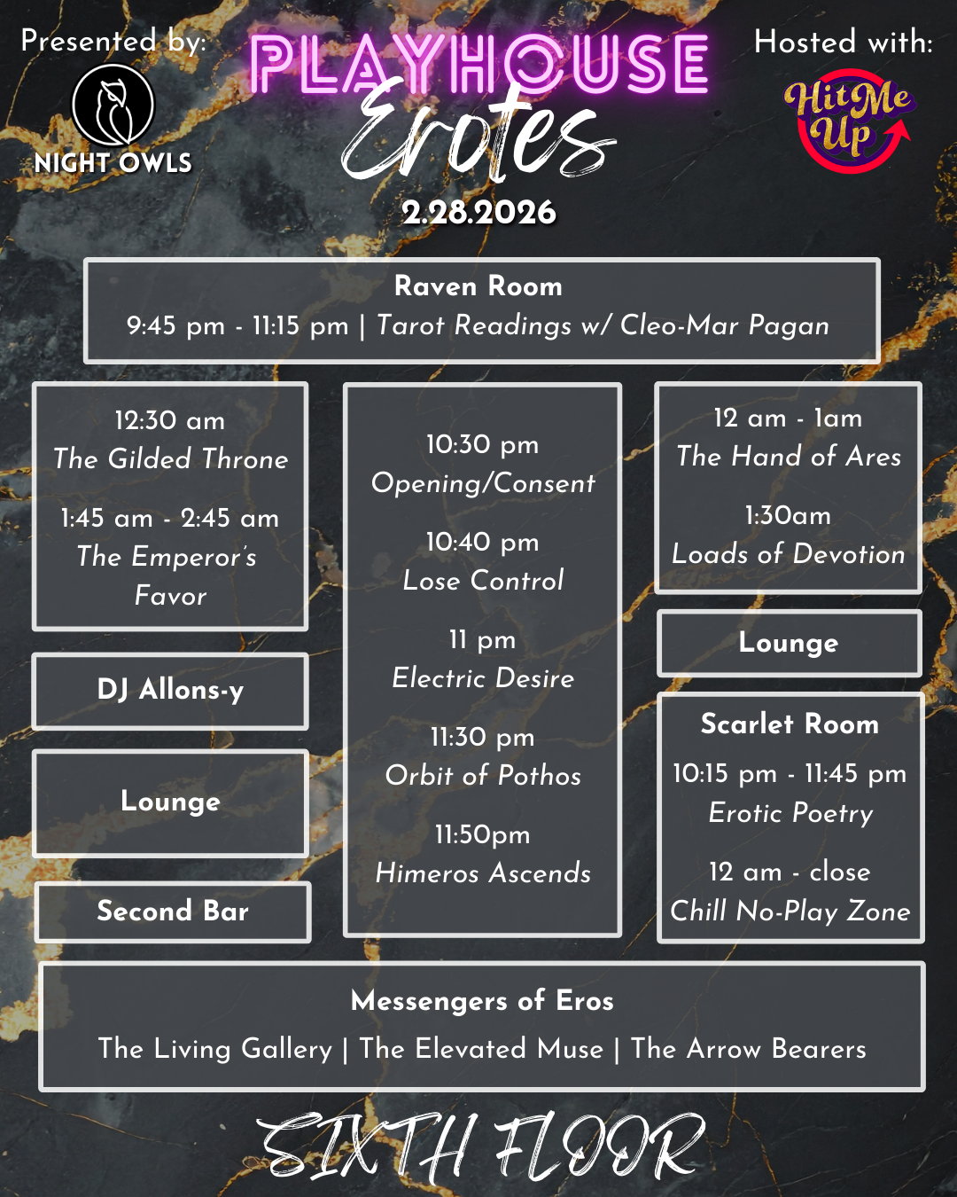 Event schedule for Playhouse Erotes on the sixth floor, including tarot readings, music performances, poetry readings, and social zones, with times and participating groups.