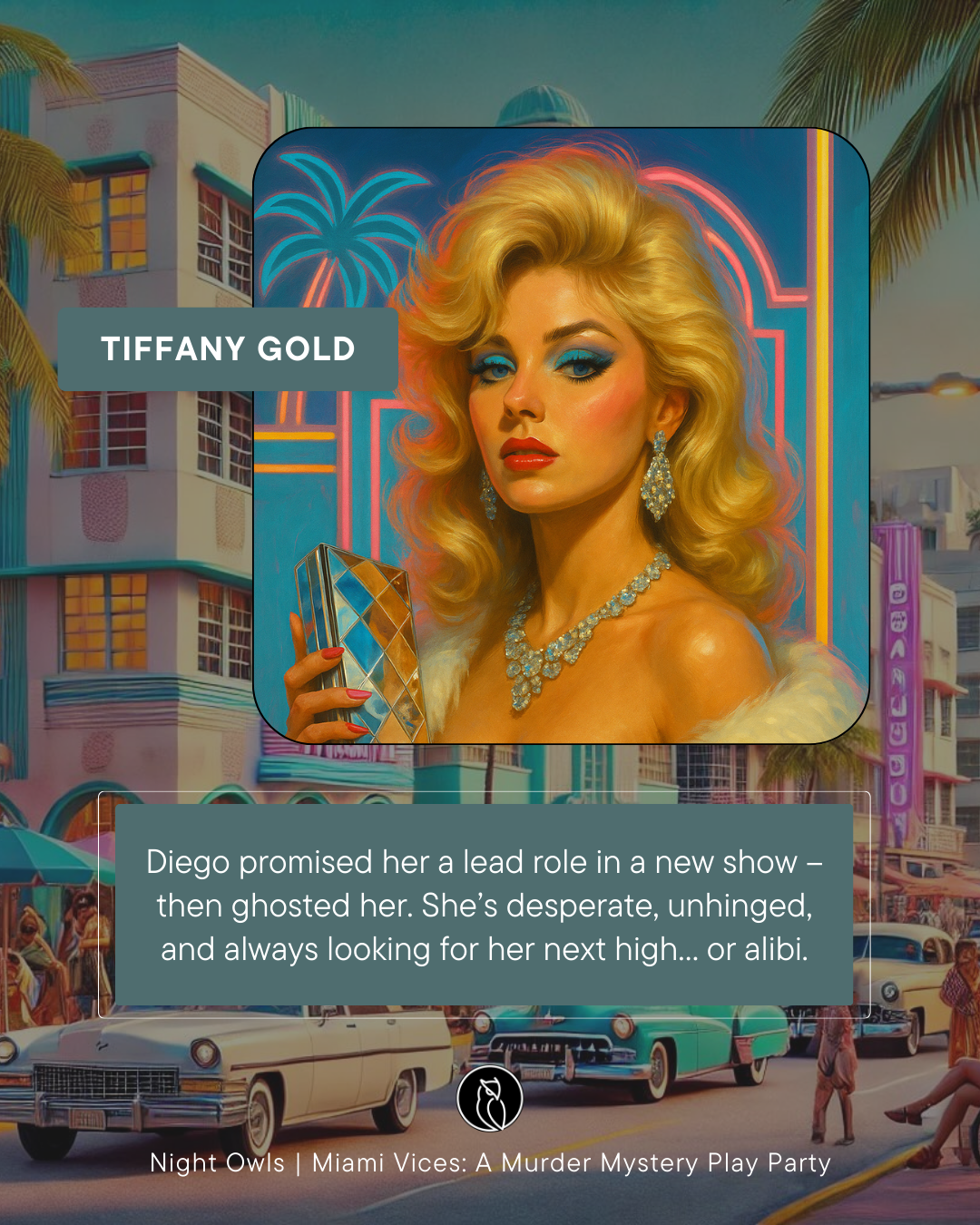 Photorealistic illustration of Tiffany Gold, a glamorous woman with voluminous blonde hair, bright blue eye makeup, and red lipstick, wearing diamond jewelry and holding a diamond clutch. The background features neon palm trees and an art deco Miami 