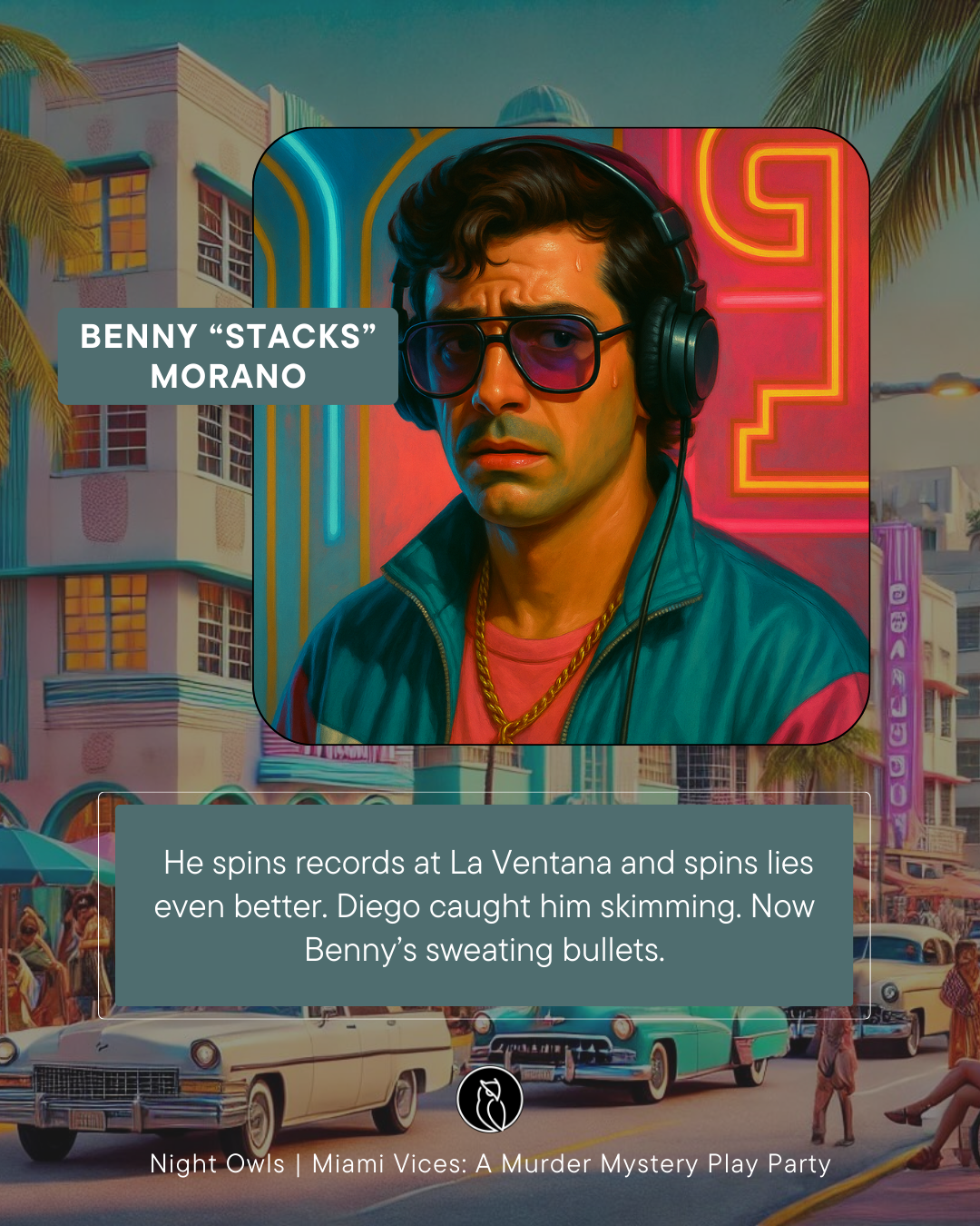 A neon-lit scene from Miami with vintage cars and palm trees, featuring Benny "Stacks" Morano, wearing sunglasses, headphones, and a gold chain, in a colorful background.
