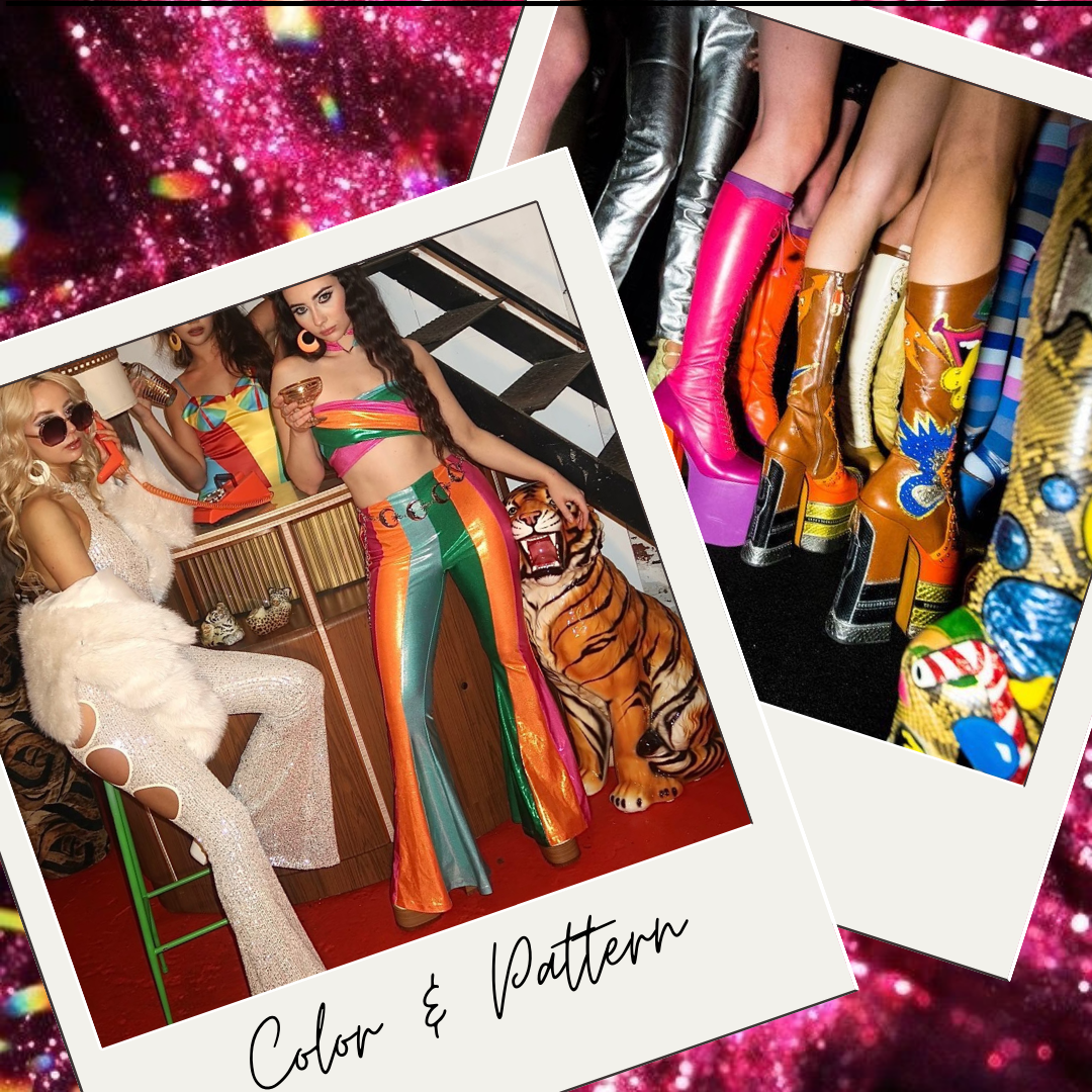 Colorful fashion photos featuring models in vibrant, patterned clothing and footwear, with a pink starry background.