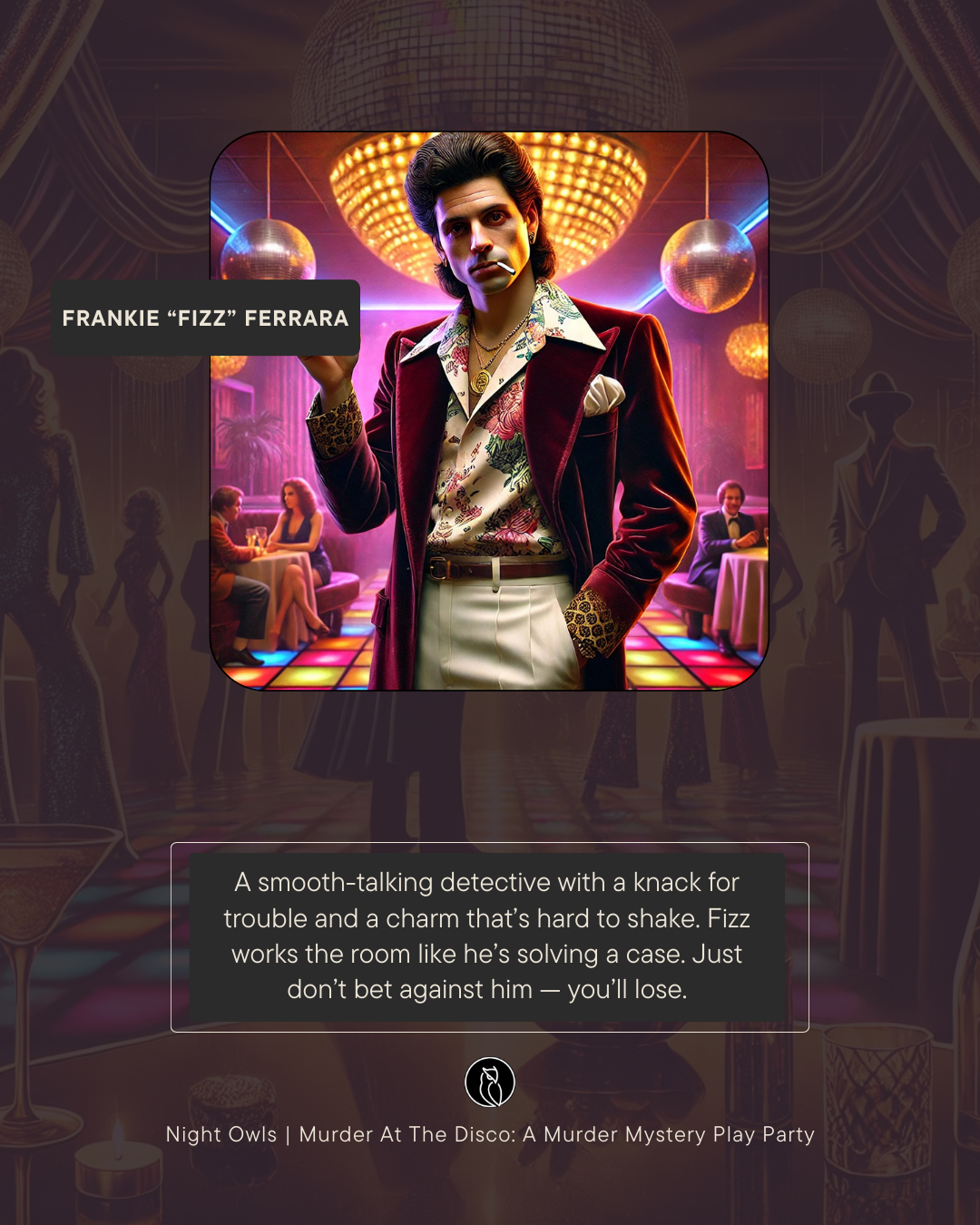 A man dressed in vintage 1970s fashion, standing in a disco with colorful lights, disco balls, and people sitting at tables in the background.