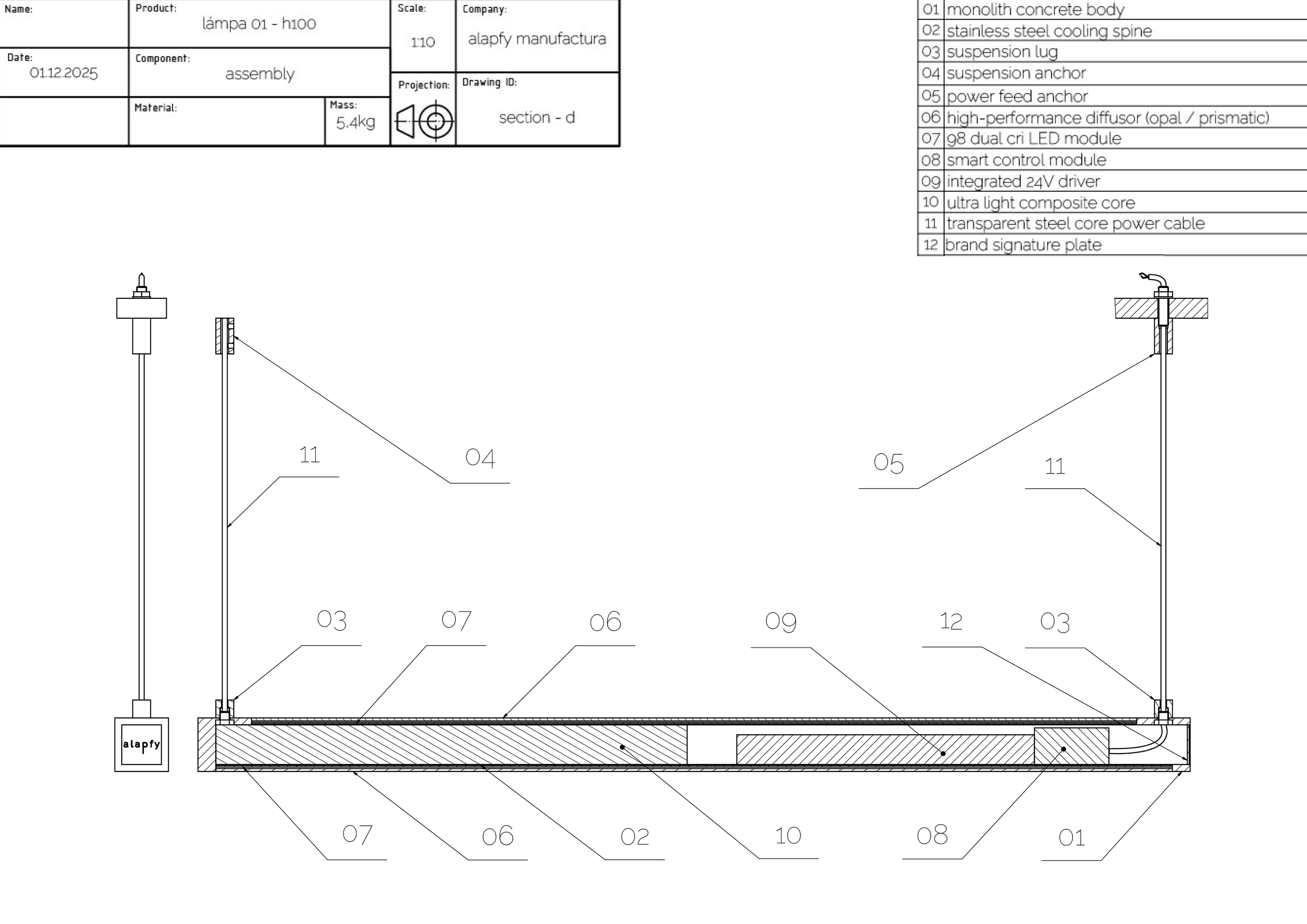 Technical engineering drawing of a lighting fixture with components labeled, including the monolith concrete body, stainless steel cooling spine, suspension lug, and LED modules.