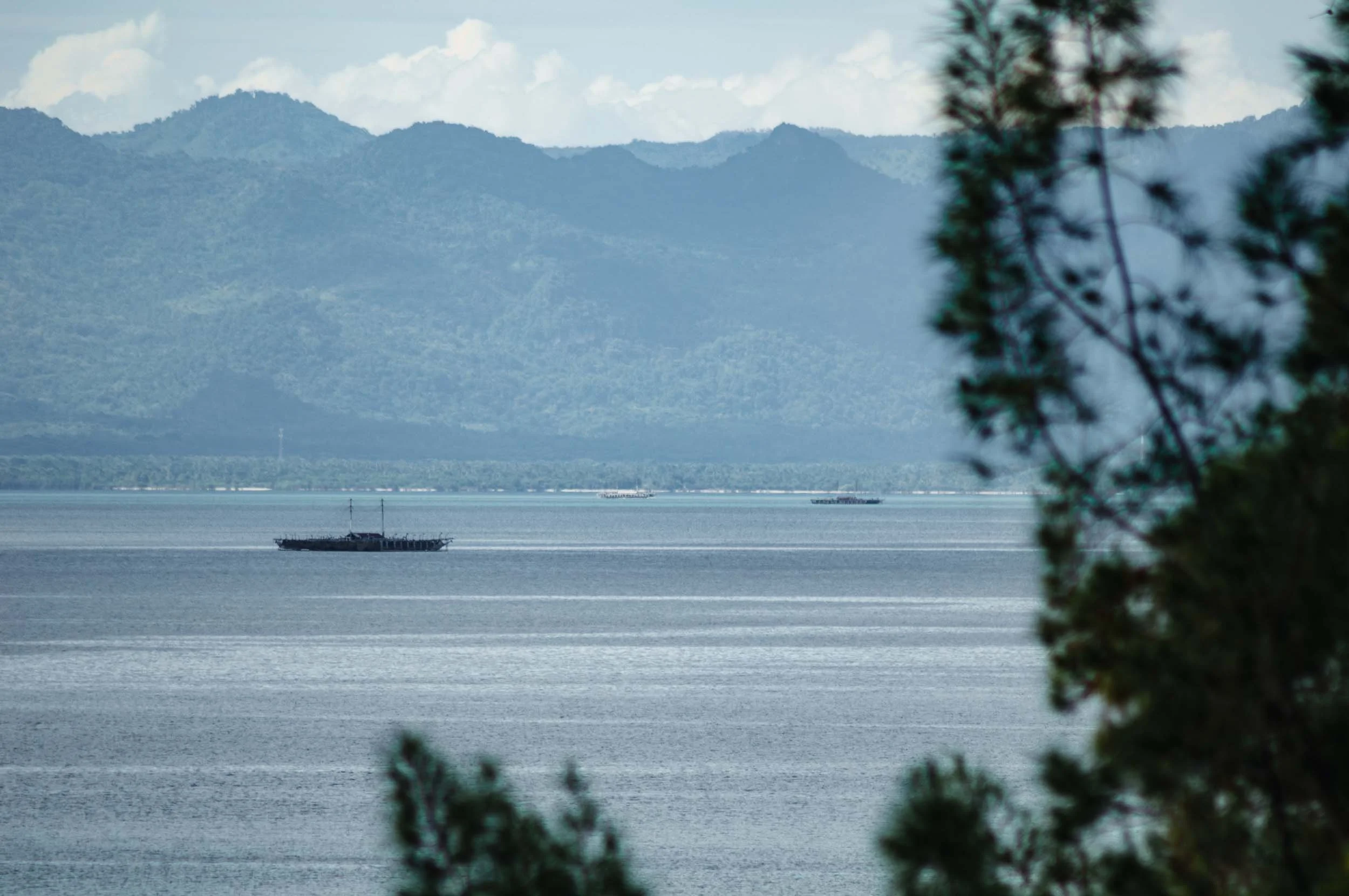 A body of water with boats, mountains in the background, and trees in the foreground.