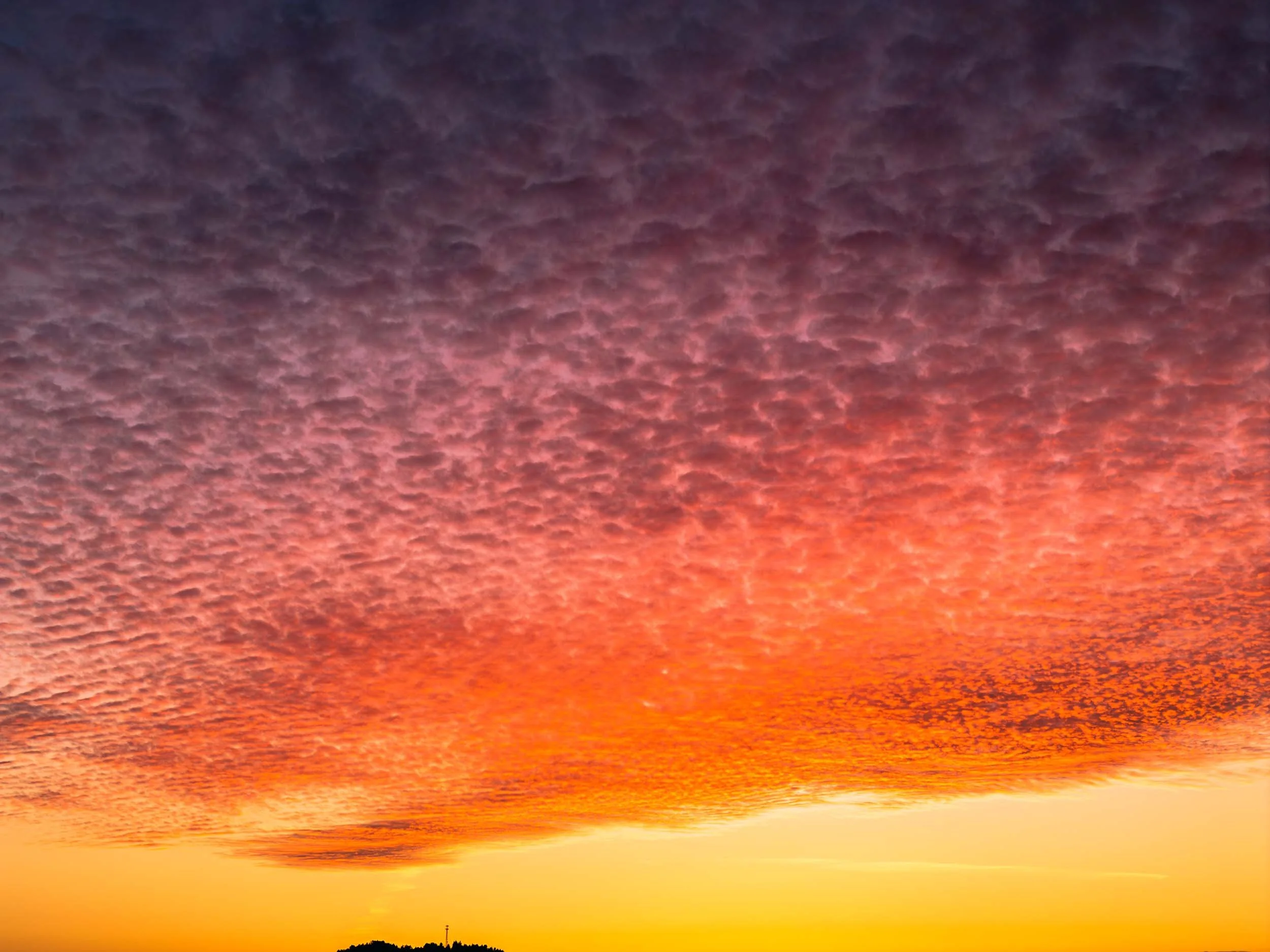 Vivid sunset sky with textured cotton candy-like clouds in shades of pink, orange, and purple above a silhouetted landscape.