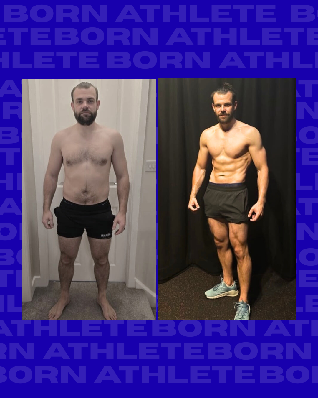 Side-by-side comparison of a man before and after fitness transformation, showing weight loss and muscle gain.