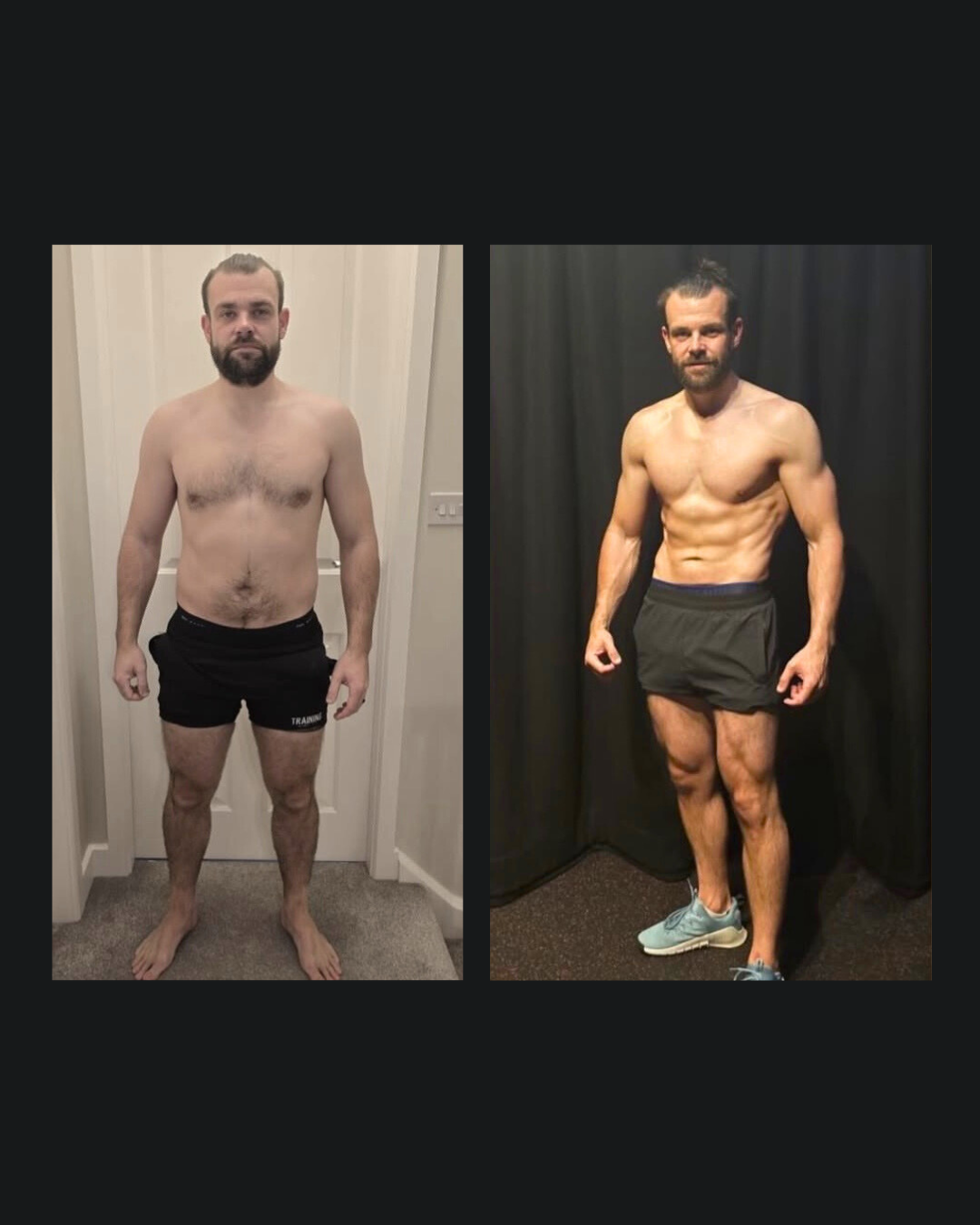 Side-by-side comparison photo showing a man's physical transformation, with a before image on the left and a fit, muscular appearance on the right.