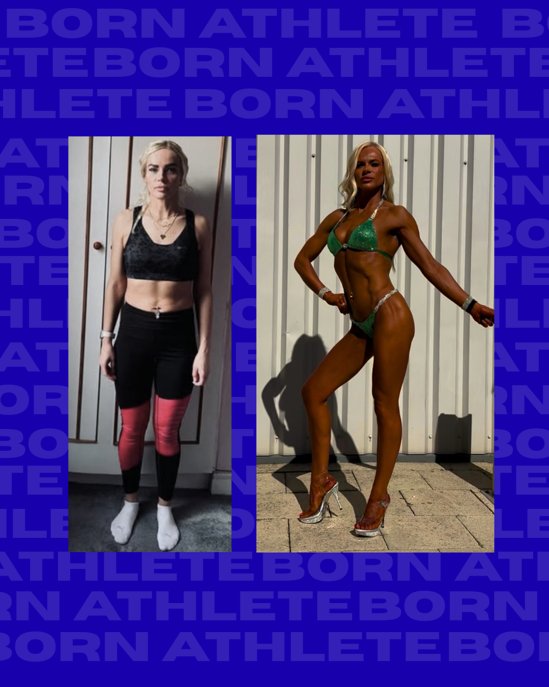 Side-by-side comparison of a woman before and after competitive bodybuilding, wearing workout clothes in the first image and a green competition bikini in the second.