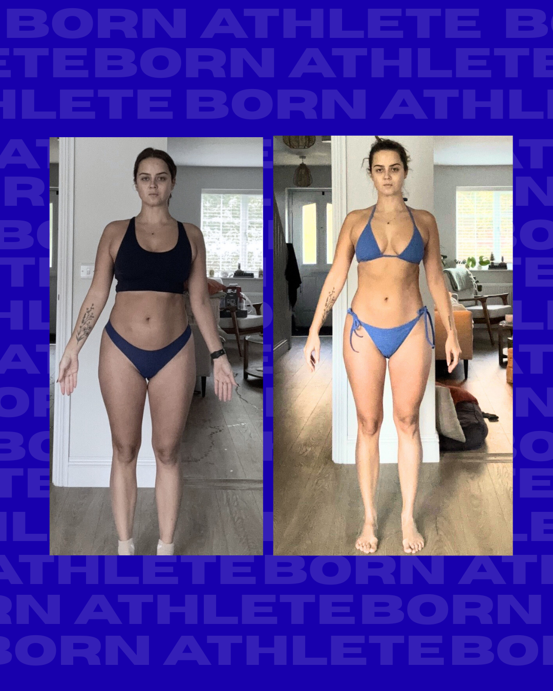 Side-by-side photos of a woman in a black sports bra and navy blue underwear in the first image, and the same woman in a blue bikini in the second image, standing in a home interior.