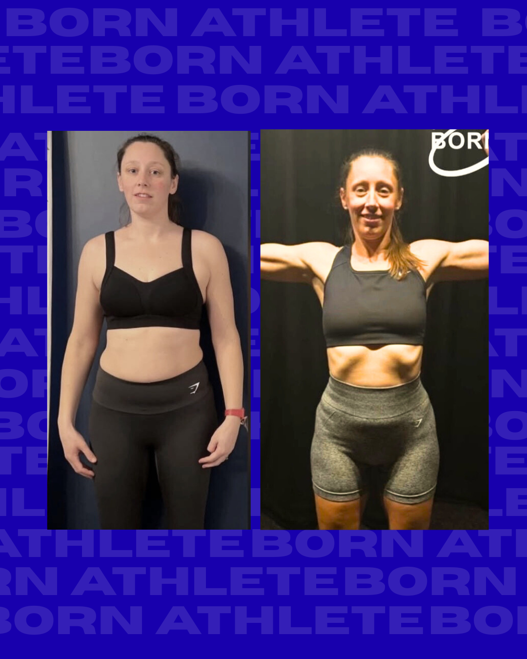 Side-by-side comparison of a woman before and after fitness transformation, wearing workout attire.