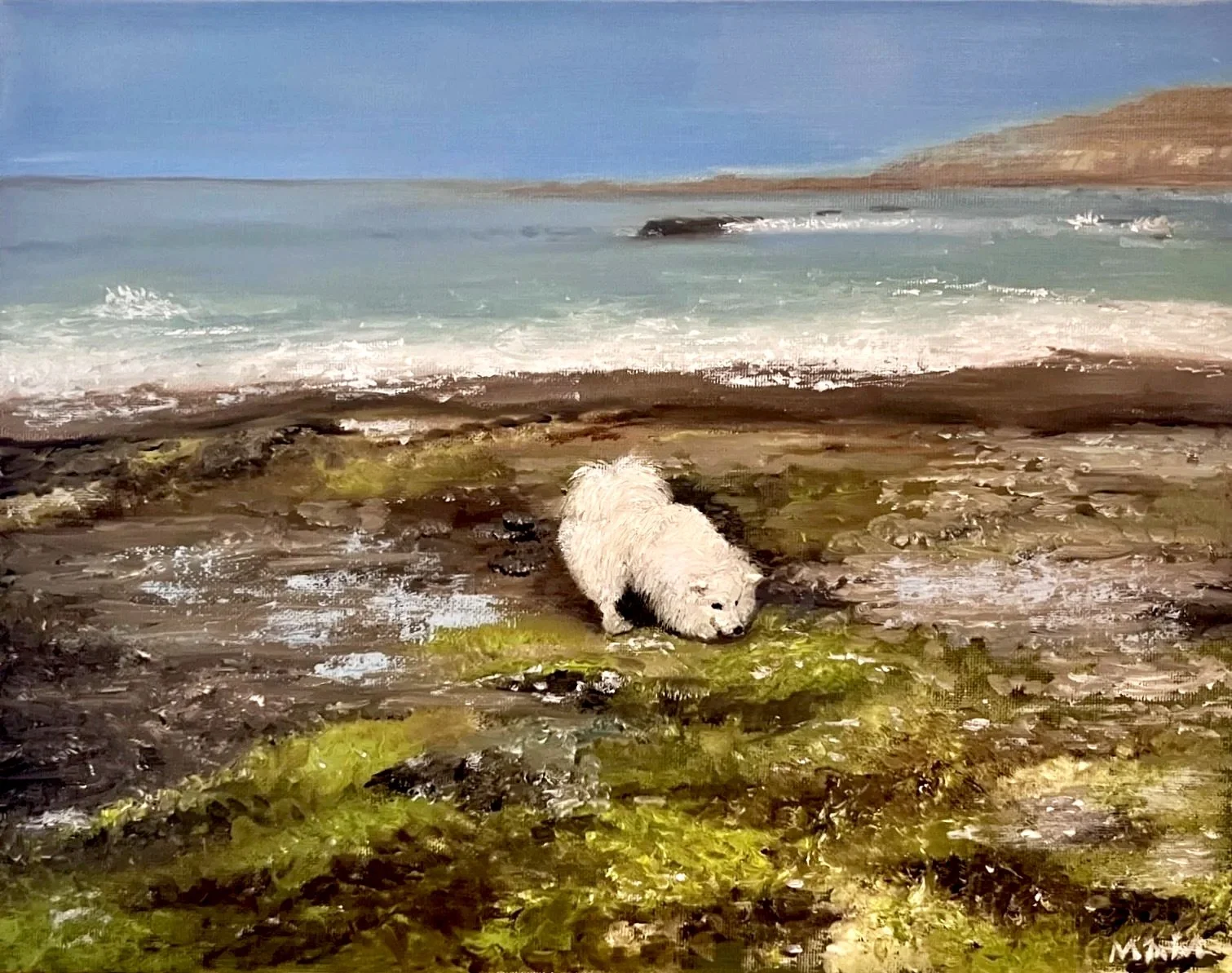 A painting of a beach scene with a white fluffy puppy lying on the rocky shore, looking towards the water. The ocean waves are gently hitting the shore with a distant view of land and a blue sky.