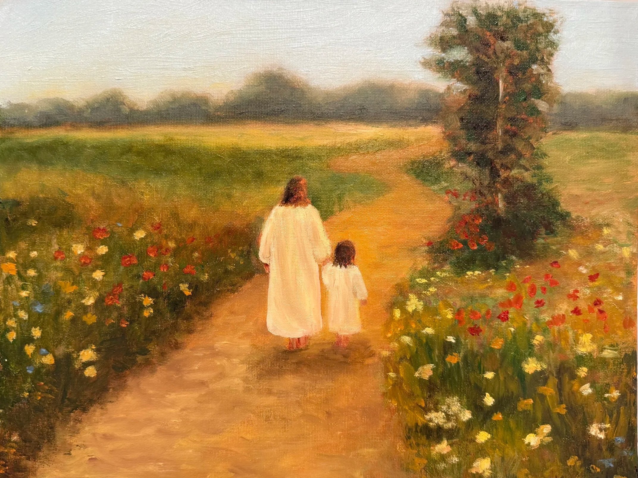 Painting of a woman and a child walking on a dirt path through a colorful flower field, with a tree to the right and green fields in the background.