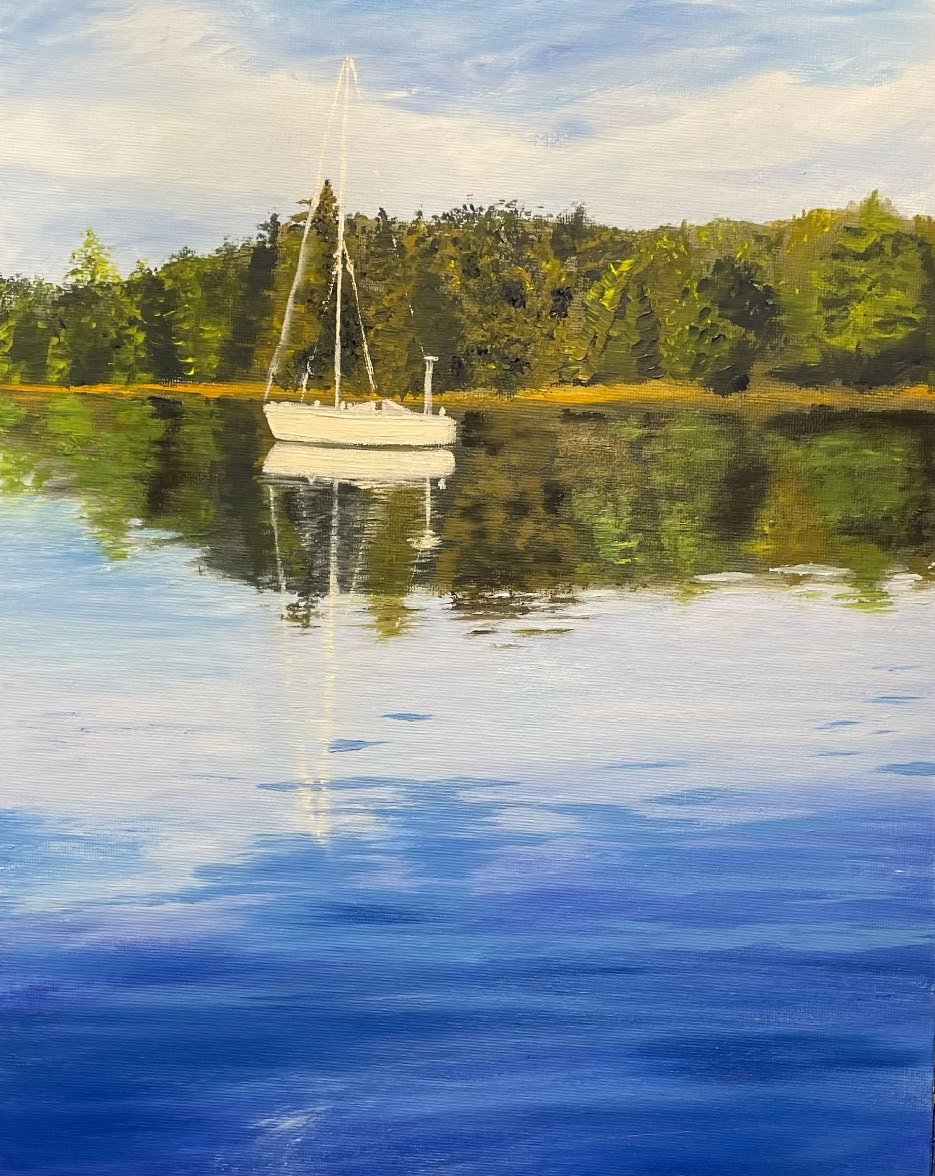 A painting of a sailboat on a calm body of water with trees and a partly cloudy sky in the background.