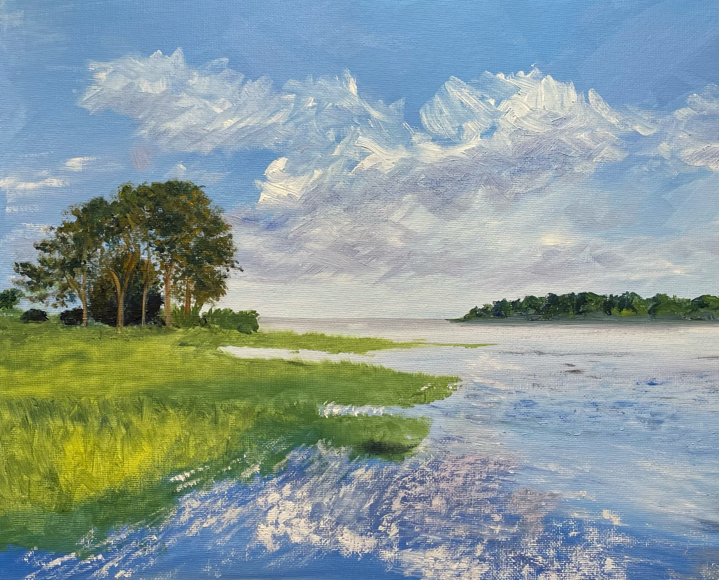 An oil painting of a peaceful bay scene, with a group of trees on the left, green grass near the water, and a cloudy sky above. The water reflects the sky and trees.