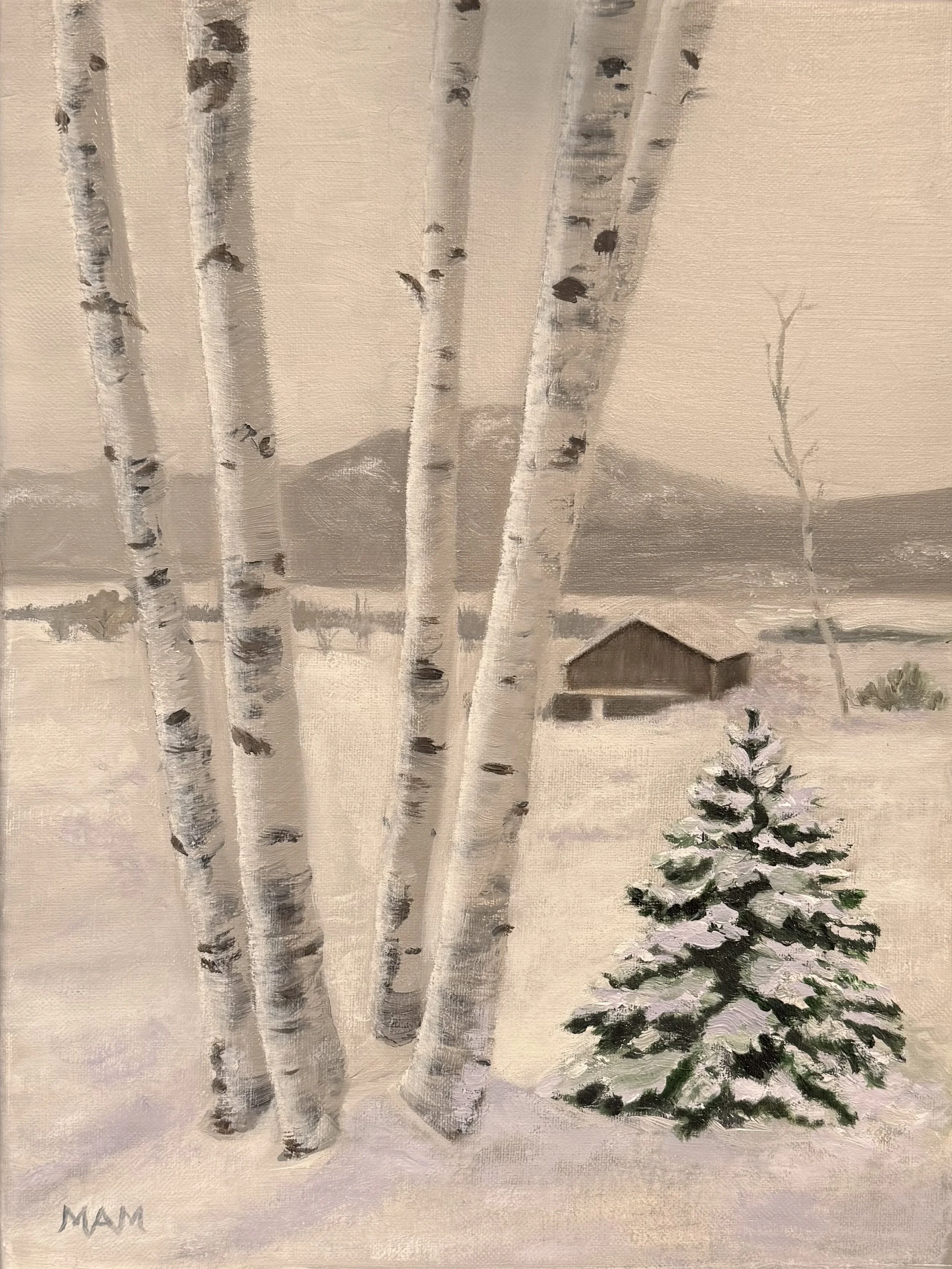 A painting of a winter landscape with snow-covered ground, four birch trees in the foreground, a small snow-covered pine tree, a mountain in the background, and a wooden cabin.