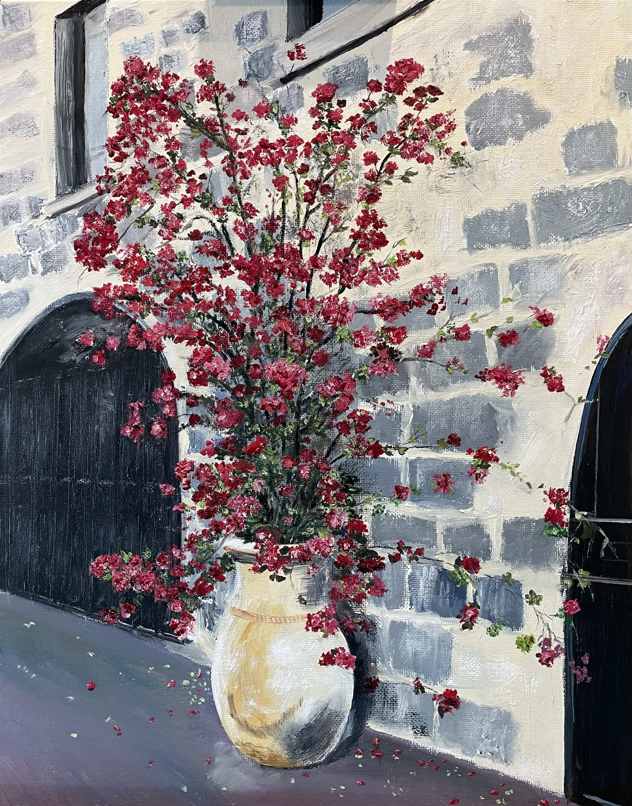 A painting of a vase with pRose of Sharon blossoms against a brick and stucco wall, with a window above and black iron grills in Israel.