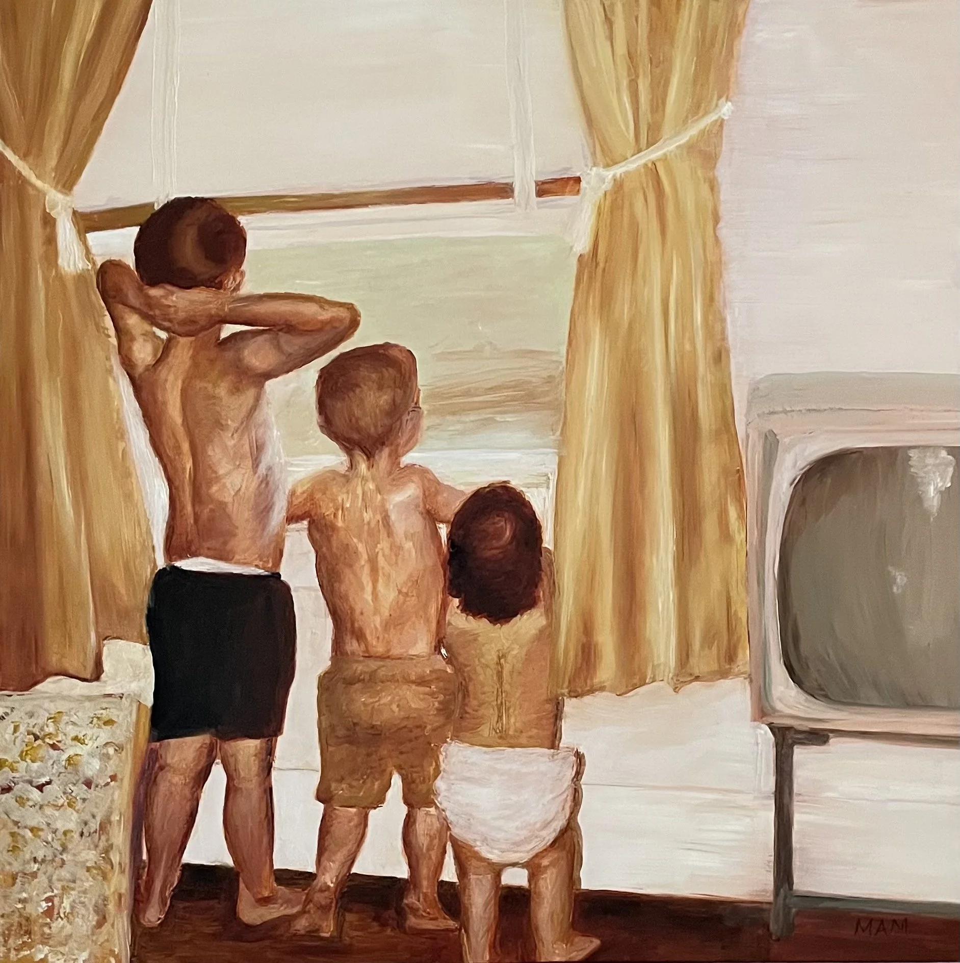 Three children, two boys and one girl, standing indoors looking out a window with yellow curtains. One boy is standing with his arms behind his head, another boy is wearing glasses, and the girl is in a diaper. They are watching something outside.