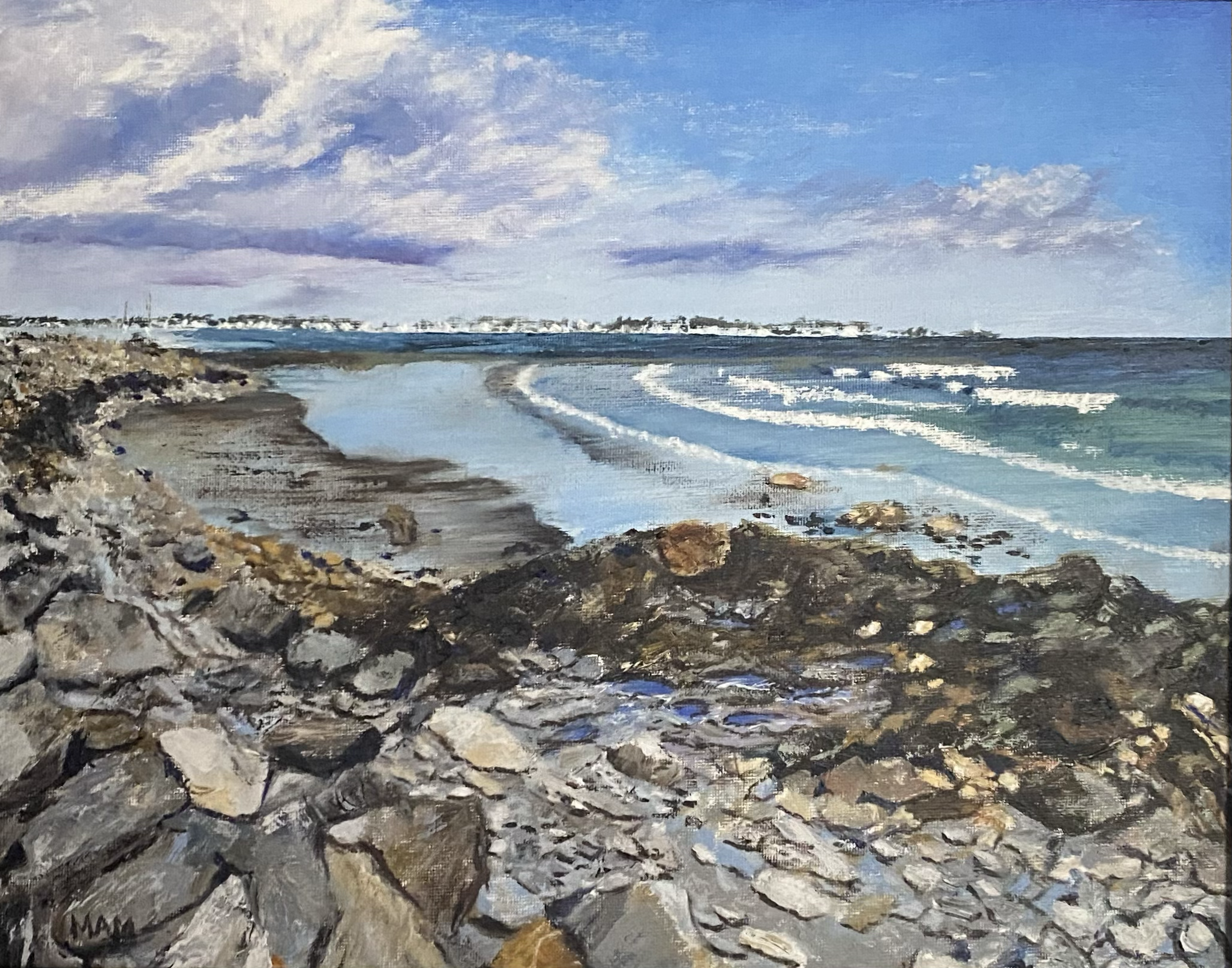 A painting of a rocky beach with waves crashing and a distant shoreline under a partly cloudy sky.