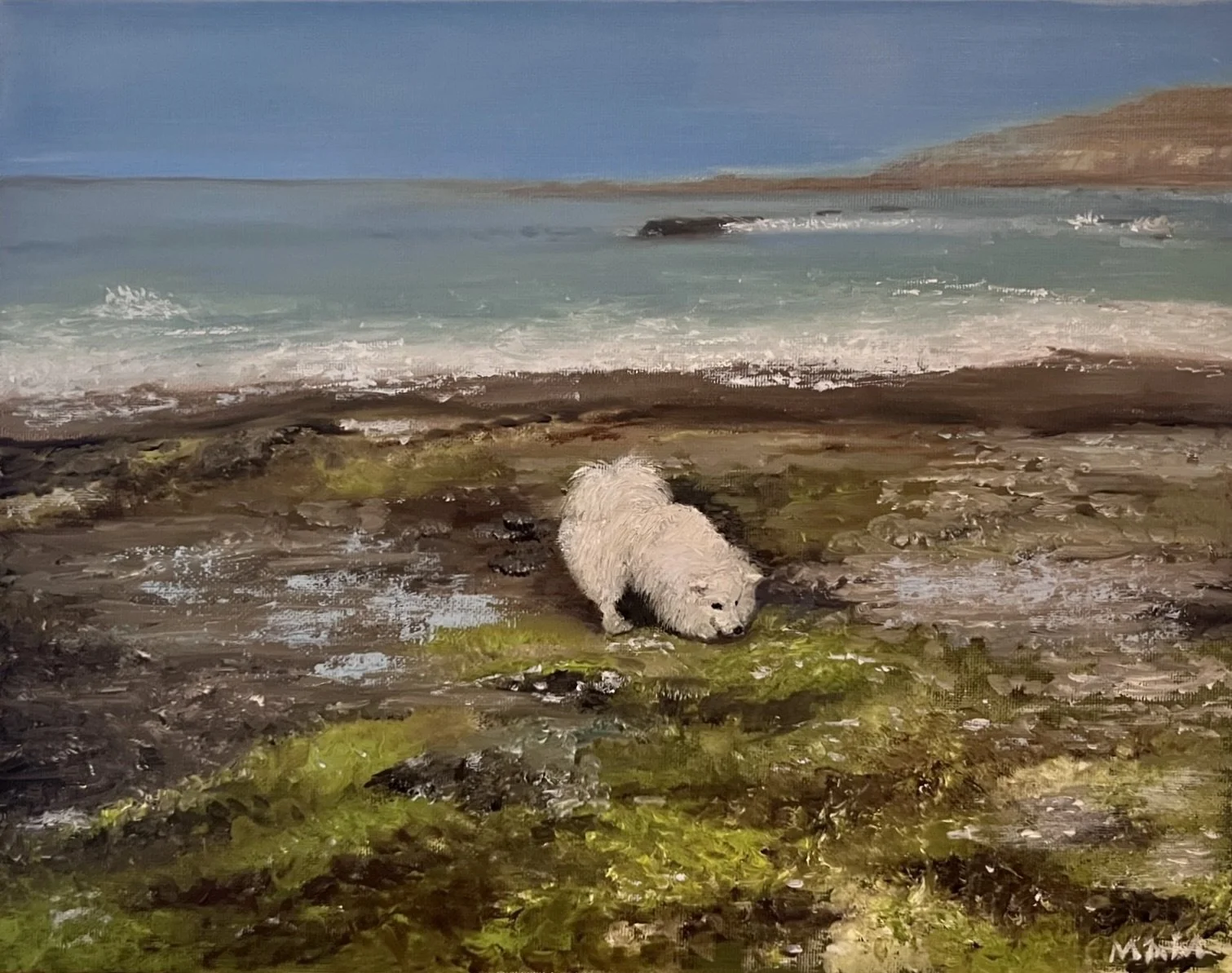 A painting of a fluffy white bear cub exploring a rocky shoreline covered with moss. In the background, the ocean waves stretch out to the horizon under a blue sky with some clouds, and a distant landmass is visible.