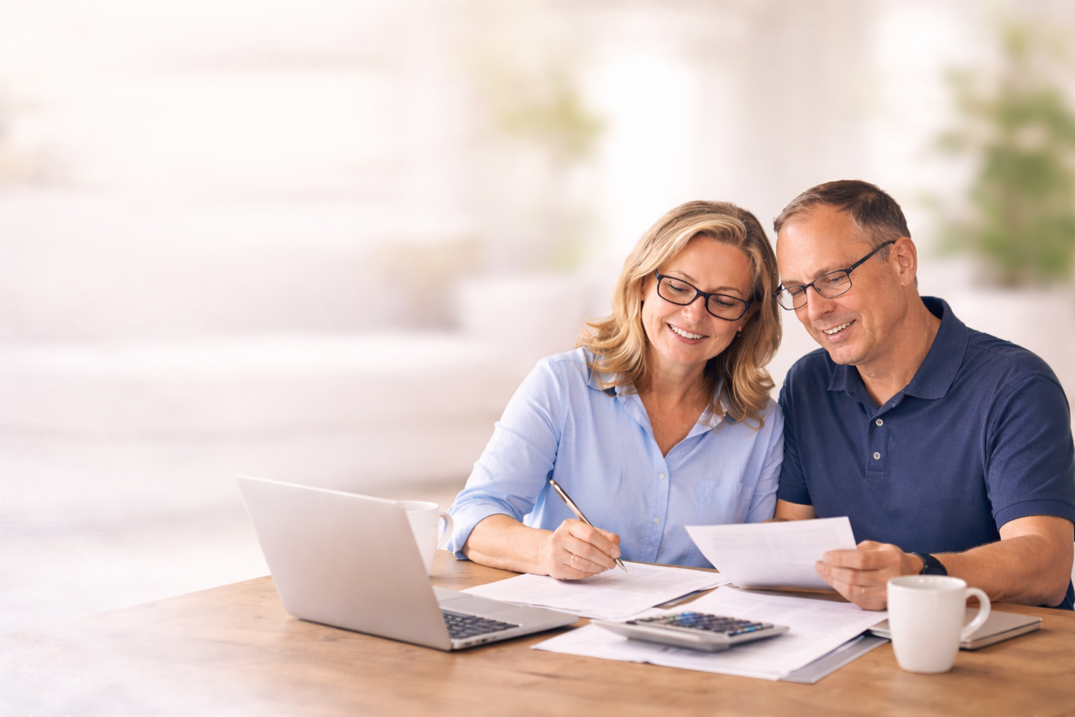 Smiling middle-aged couple sitting at a table, reviewing documents, with an open laptop, calculator, and coffee mug present.