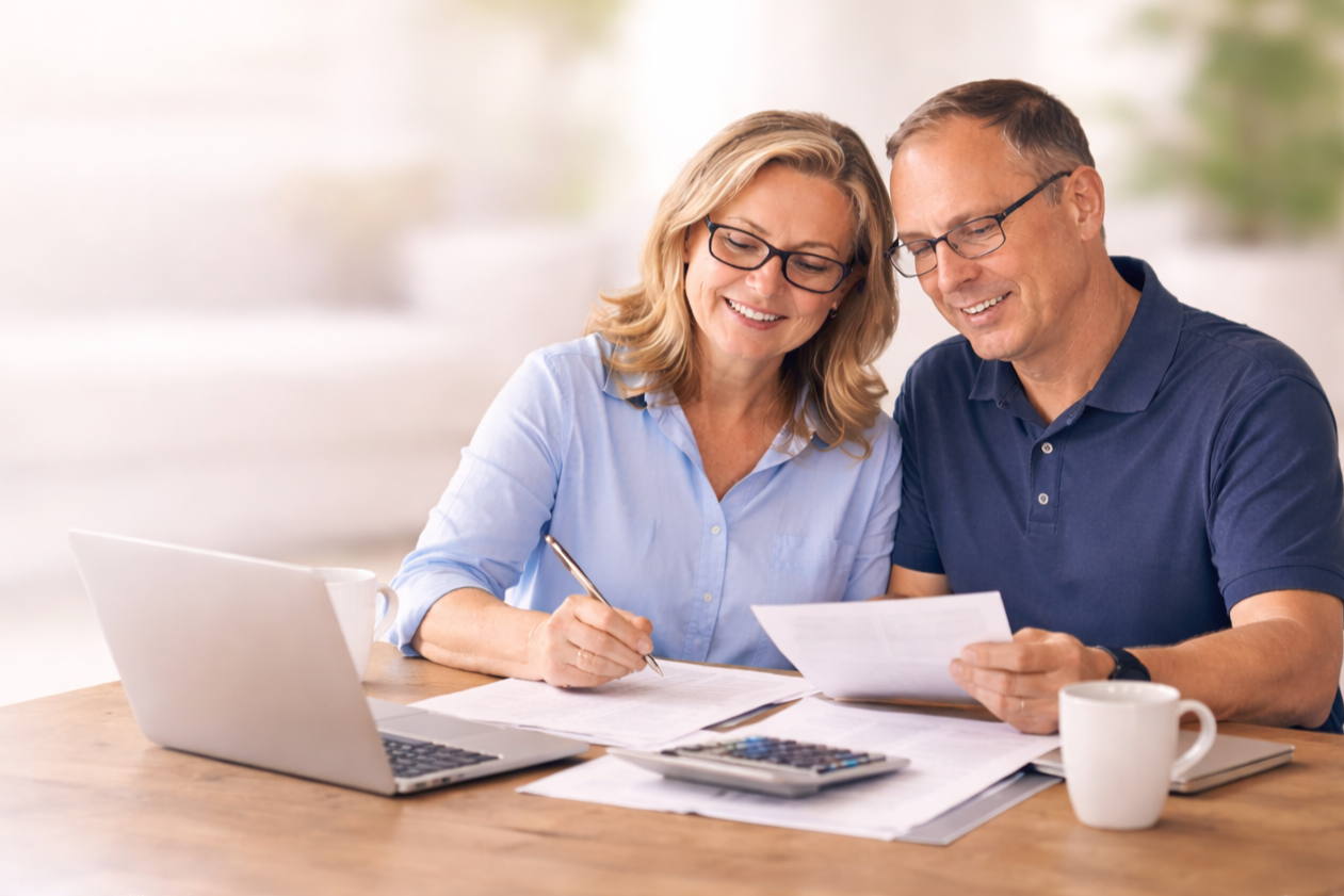 A middle-aged man and woman sitting at a table reviewing documents together, with a laptop and a calculator on the table. They are smiling and appear to be discussing financial or paperwork.