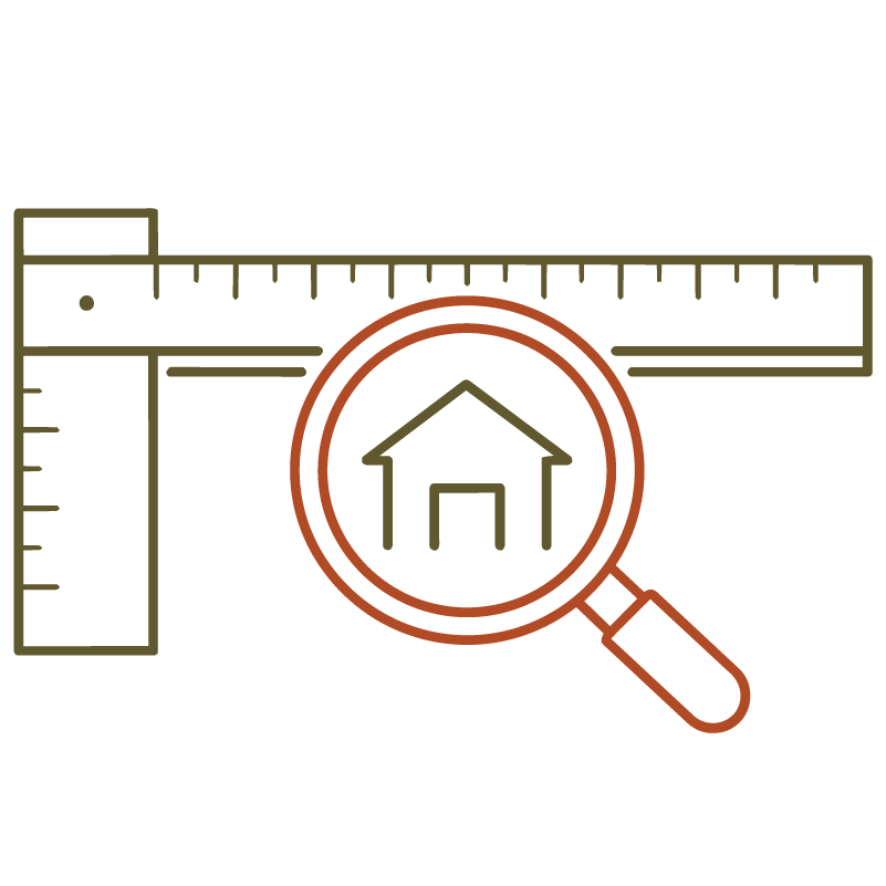 Line drawing icon of a t-square a house and a magnifying glass