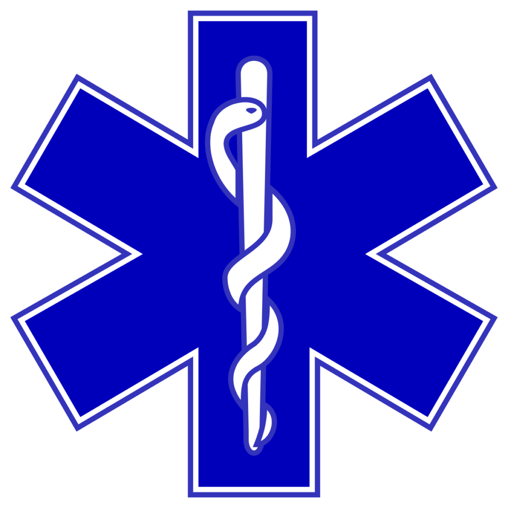 Blue Star of Life symbol with a white rod of Asclepius in the center.