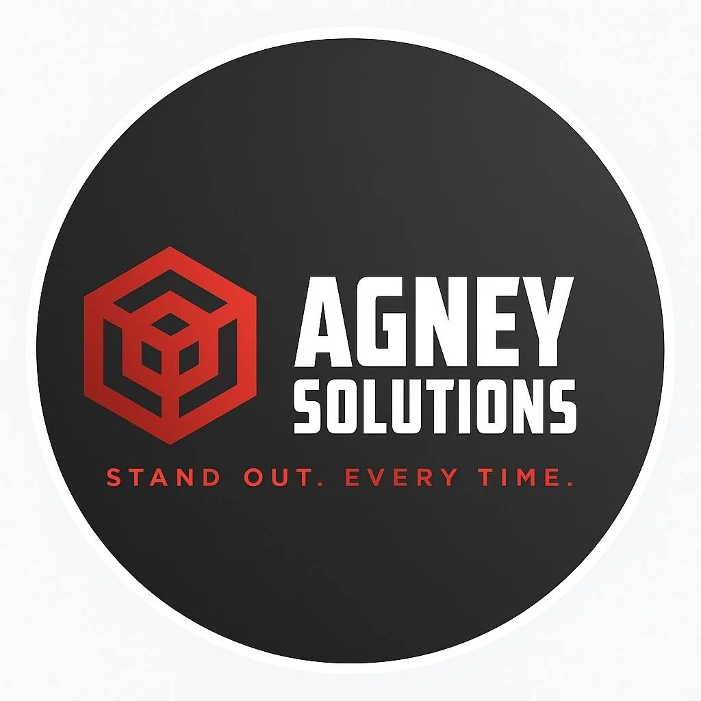 Logo for Agney Solutions with a red geometric design on black background, slogan 'Stand out. Every time.'