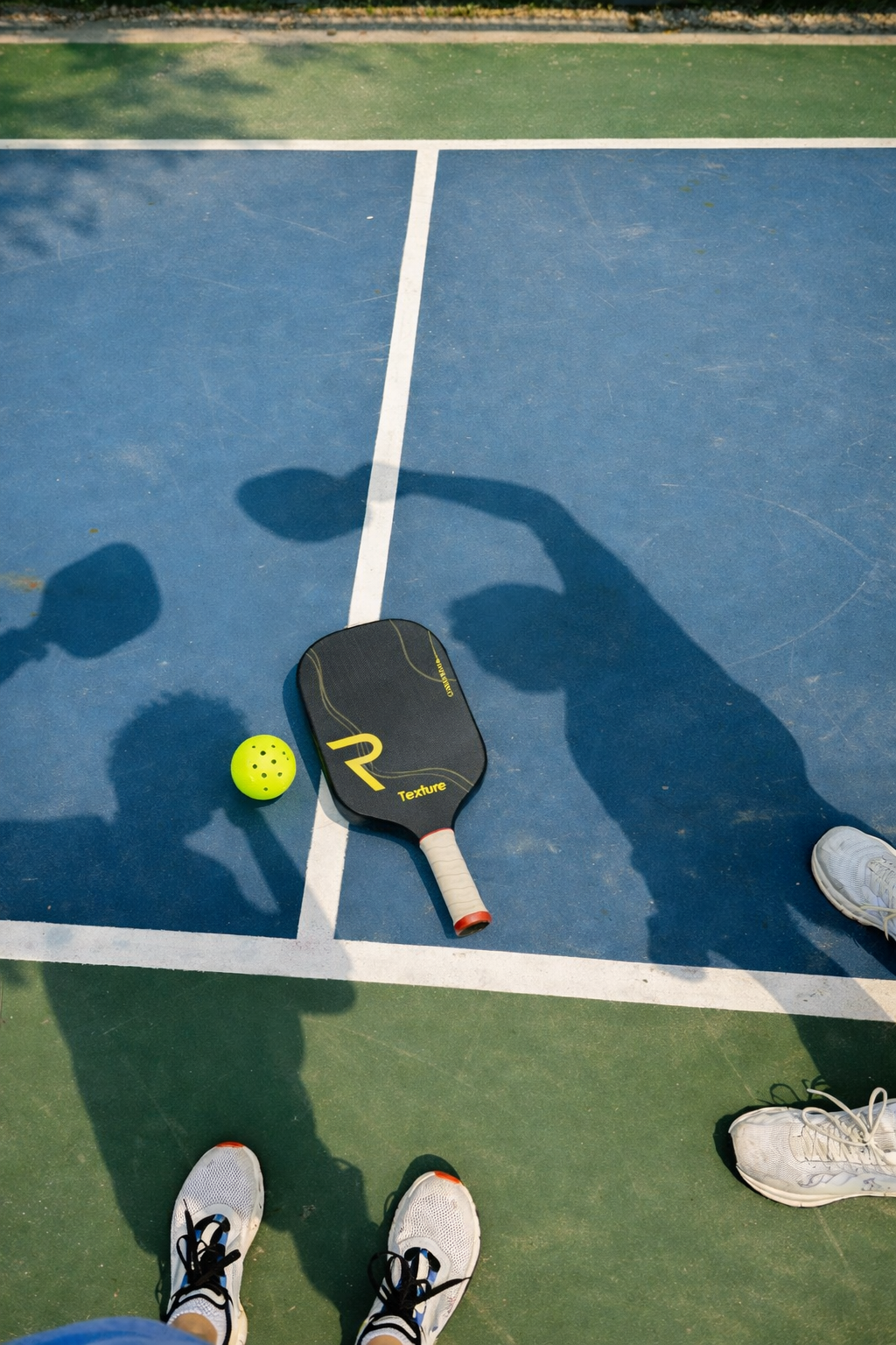 A tennis court with a paddle, a green tennis ball, and three people wearing athletic shoes.
