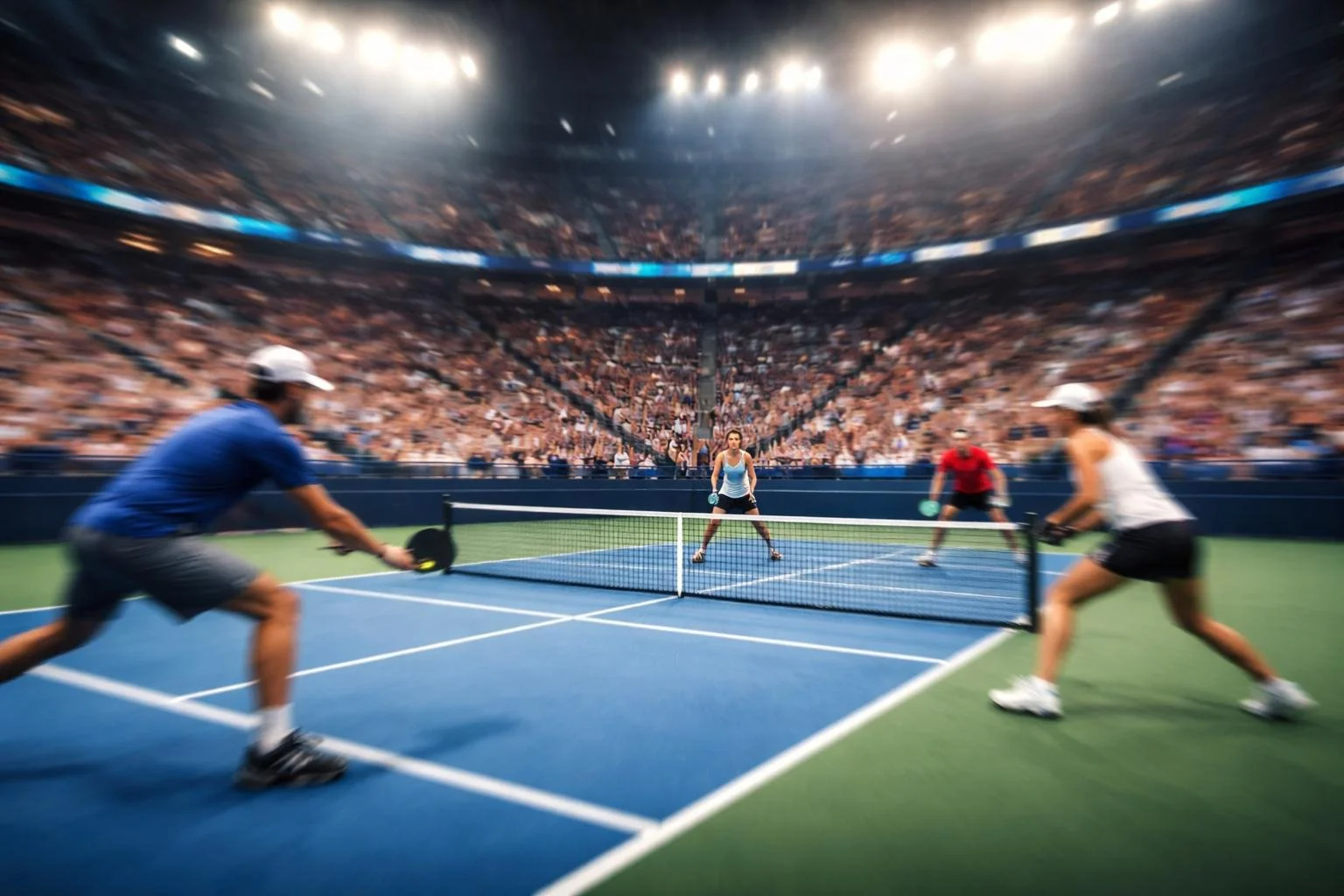 A group of four people playing pickleball on an indoor court in front of a large crowd.