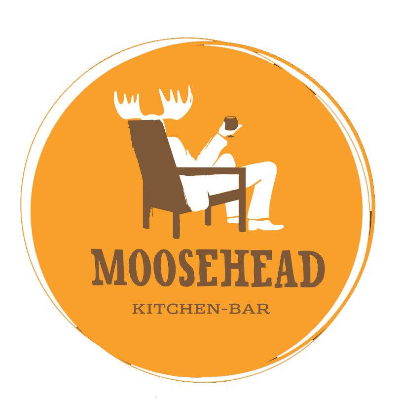 Logo for Moosehead Kitchen-Bar featuring a stylized moosehead with antlers, sitting in a chair, holding a glass. The background is orange with black accents, and the text reads "MOOSEHEAD KITCHEN-BAR."