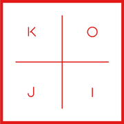A black background with red letters K, O, J, and I positioned in each corner, separated by red lines forming a cross.