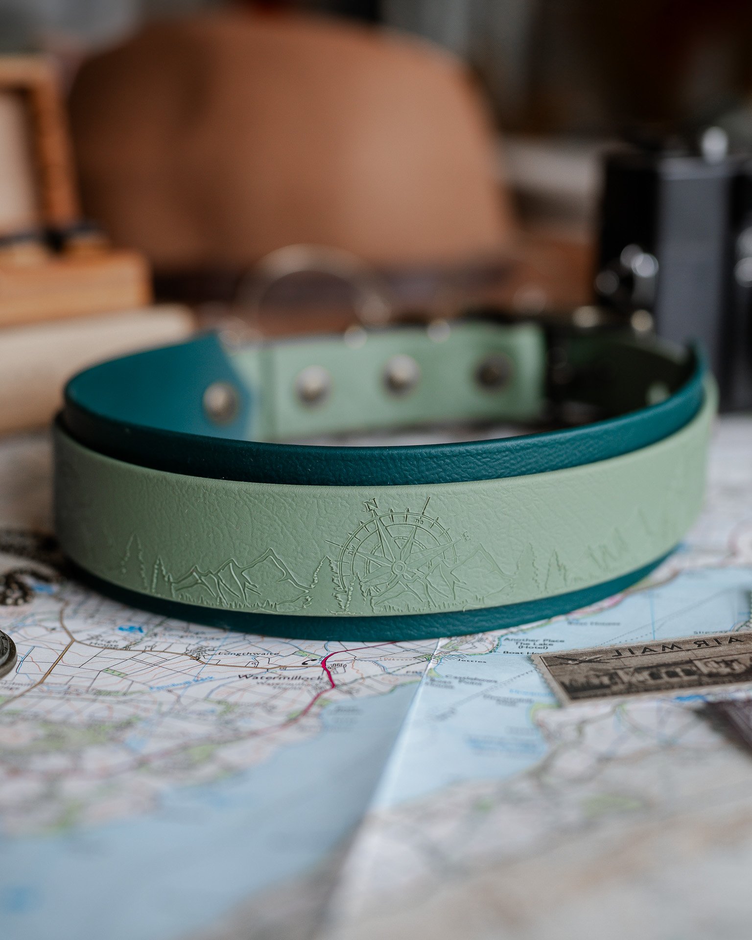 Green biothane collar on a map