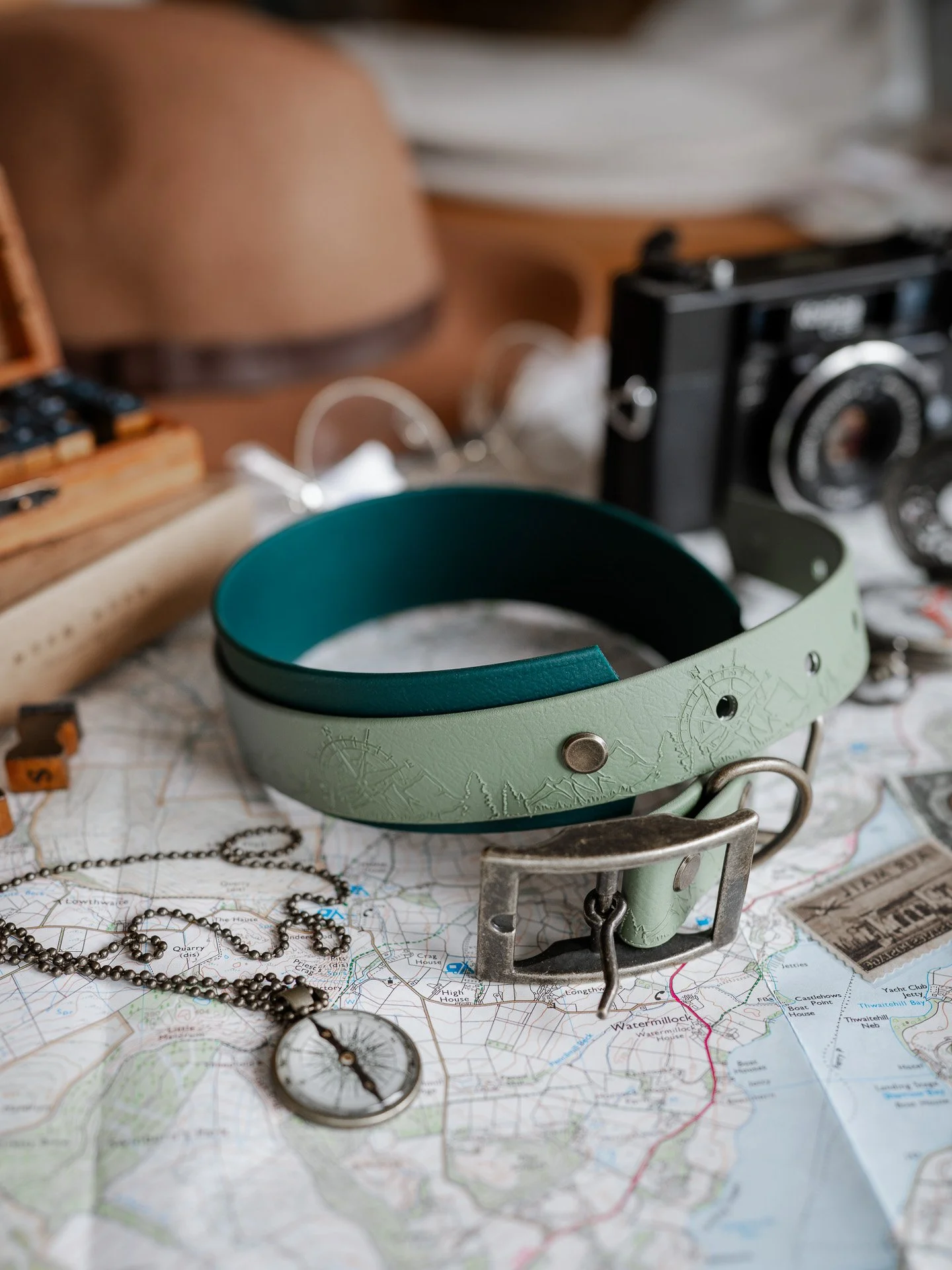 Woof & Snout Compass biothane dog collar with a camera, map and compass