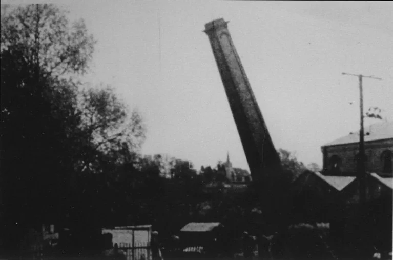 The felling of the pumping station chimney, 1956