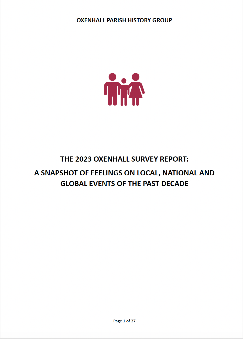 Cover page of the Oxenhall Parish History Group survey report with a icon of a family of three in the center, titled 'The 2023 Oxenhall Survey Report: A snapshot of feelings on local, national, and global events of the past decade'.