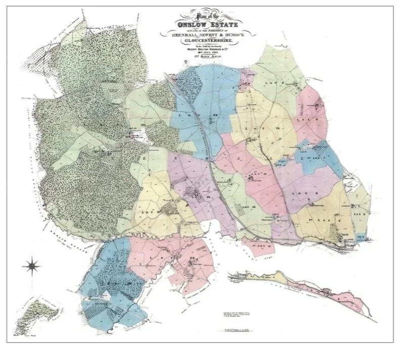 Color-coded map of Onslow Estate in Gloucestershire, showing boundaries, roads, and land divisions.