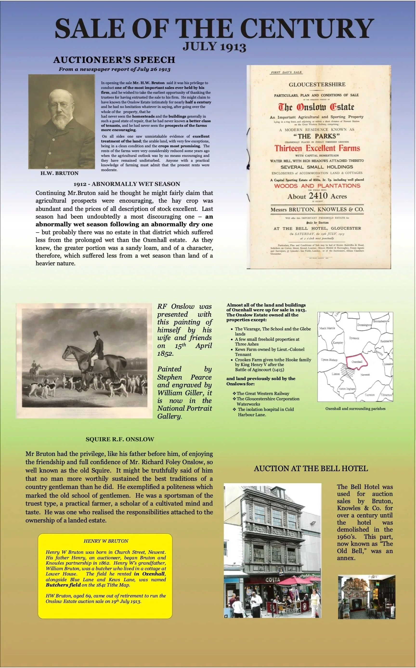 Historical poster titled "Sale of the Century July 1913" featuring auction details, a photograph of H.W. Bruton, an illustration of a horse and rider, and an image of a building with people outside.