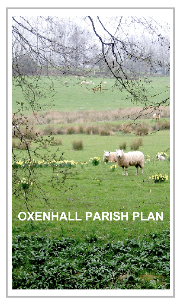 A scenic rural landscape with sheep and sheepdogs grazing on lush green fields, framed by tree branches in the foreground. The text 'Oxnell Parish Plan' is displayed at the bottom of the image.