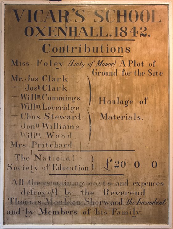 The board still present in the Parish Hall, formerly Oxenhall School, recording the donations given to set up the school